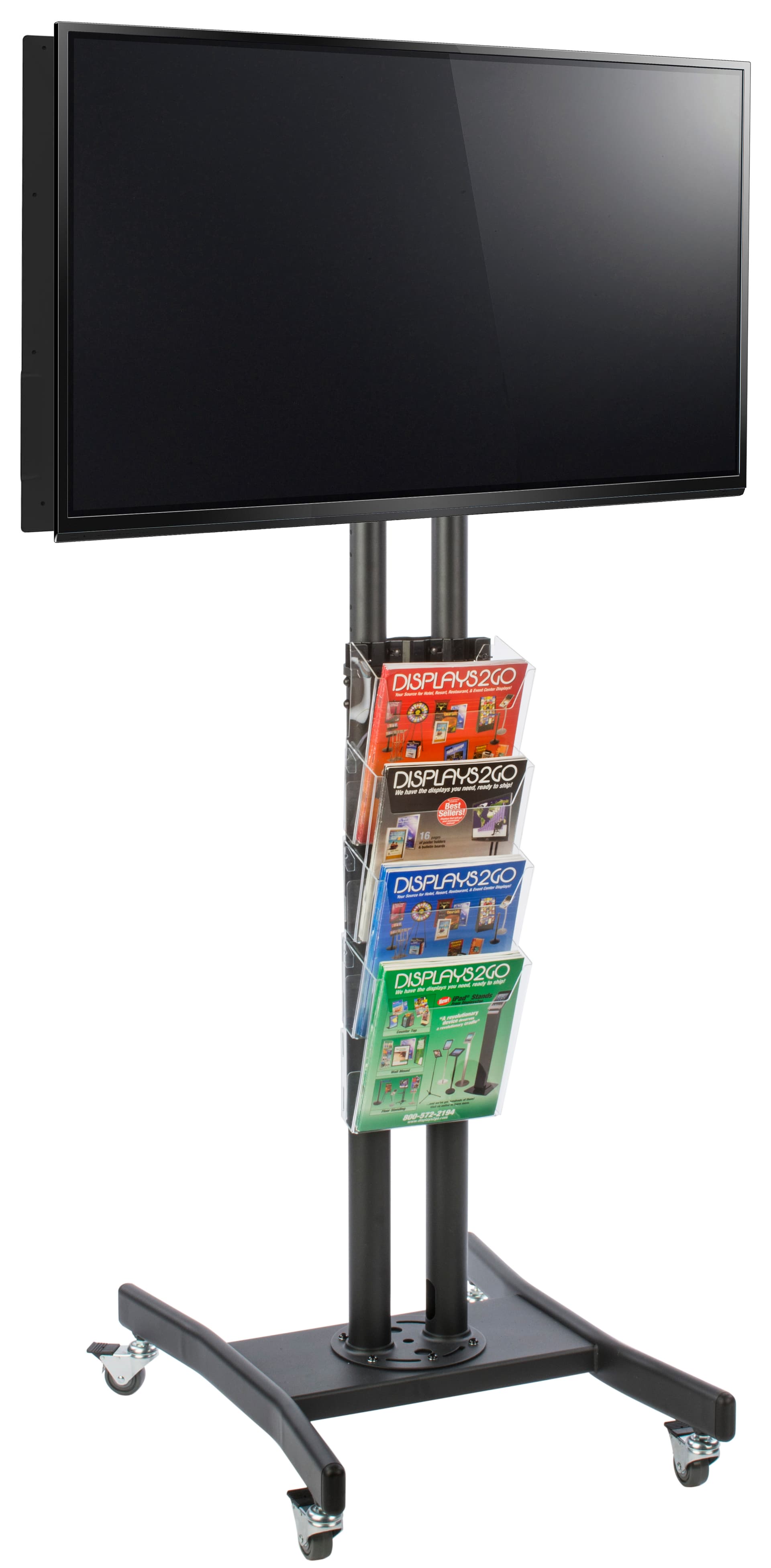 Double Sided TV Stand with 4 Clear Literature Pockets, Black Finish