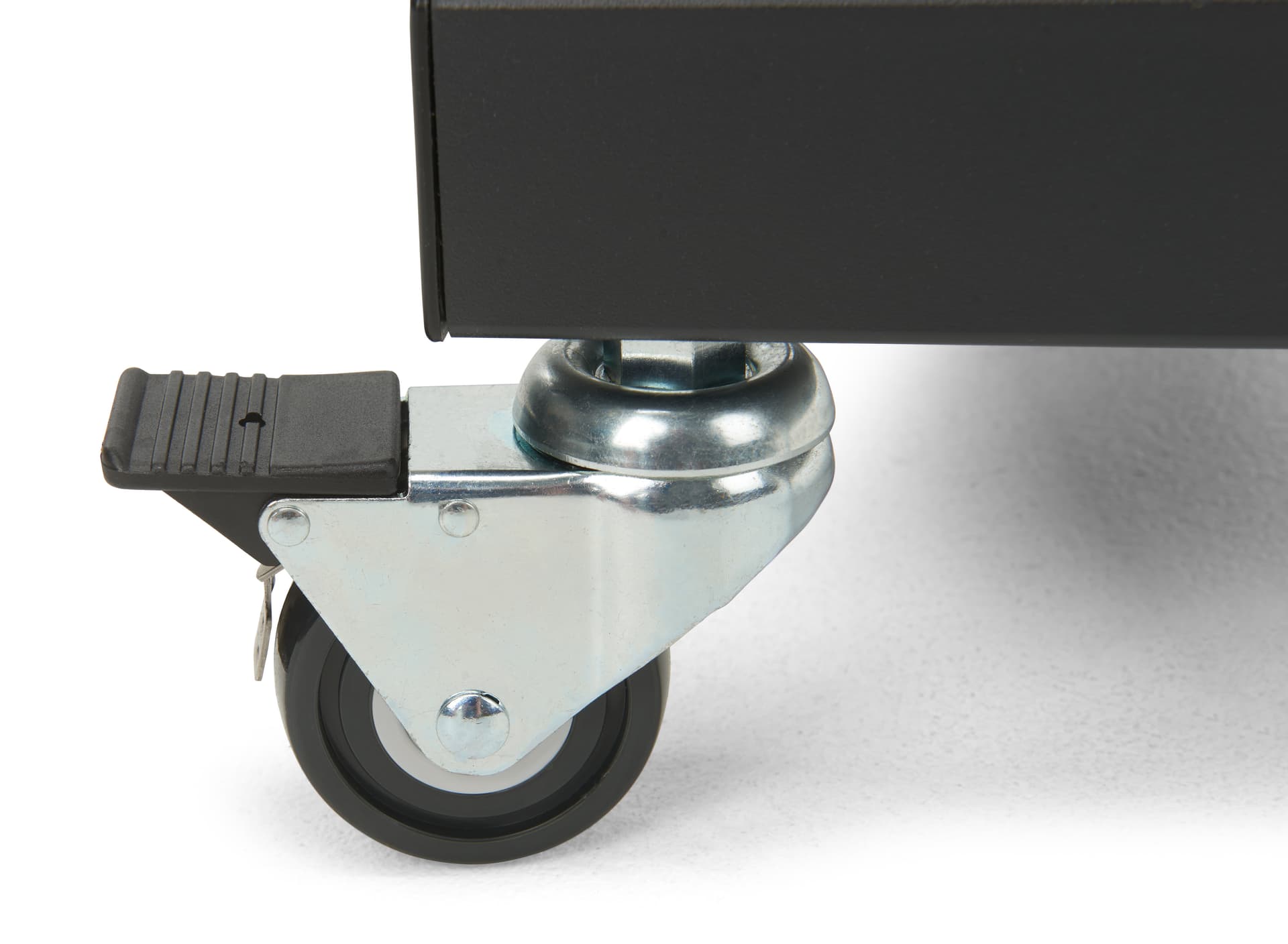 This mobile tv stand has four locking wheels