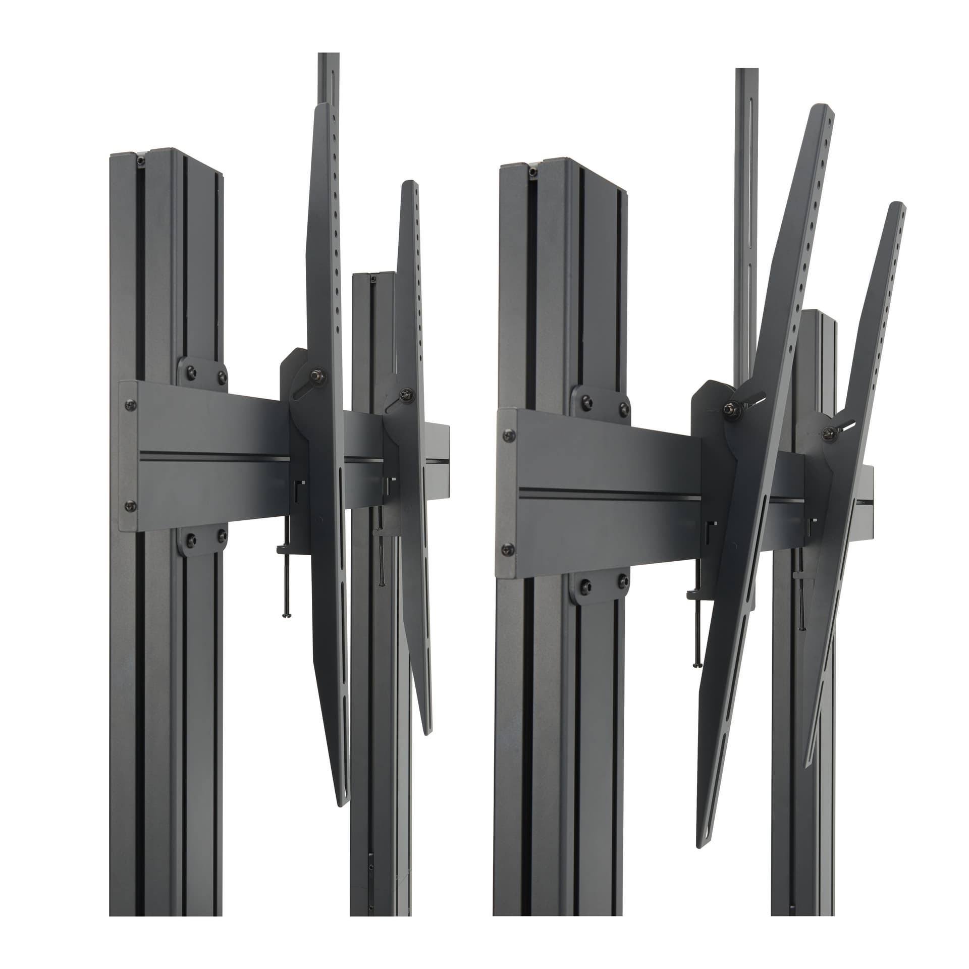 This mobile tv stand has black tilting arms