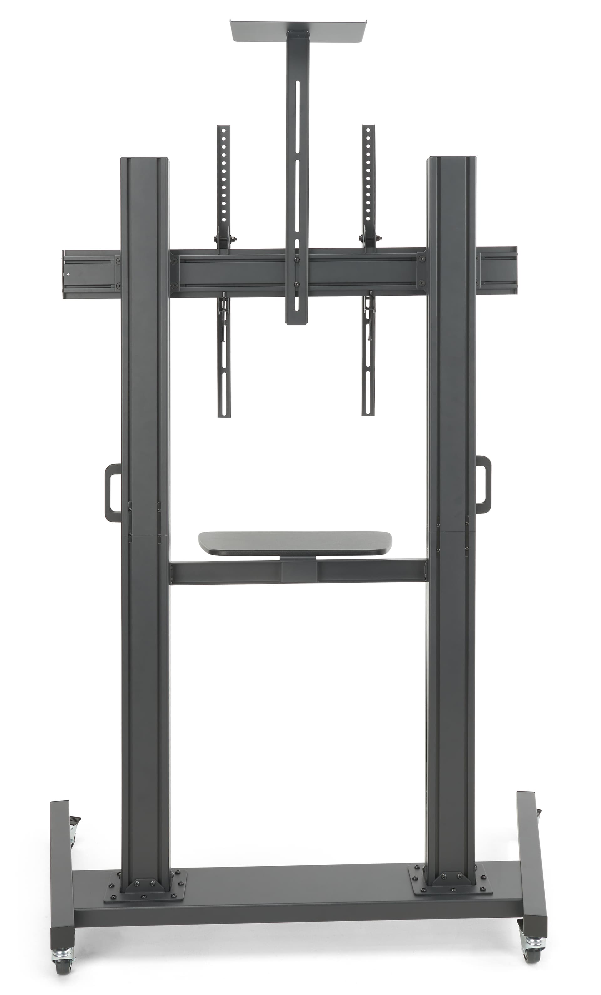 This mobile tv stand has two black shelves