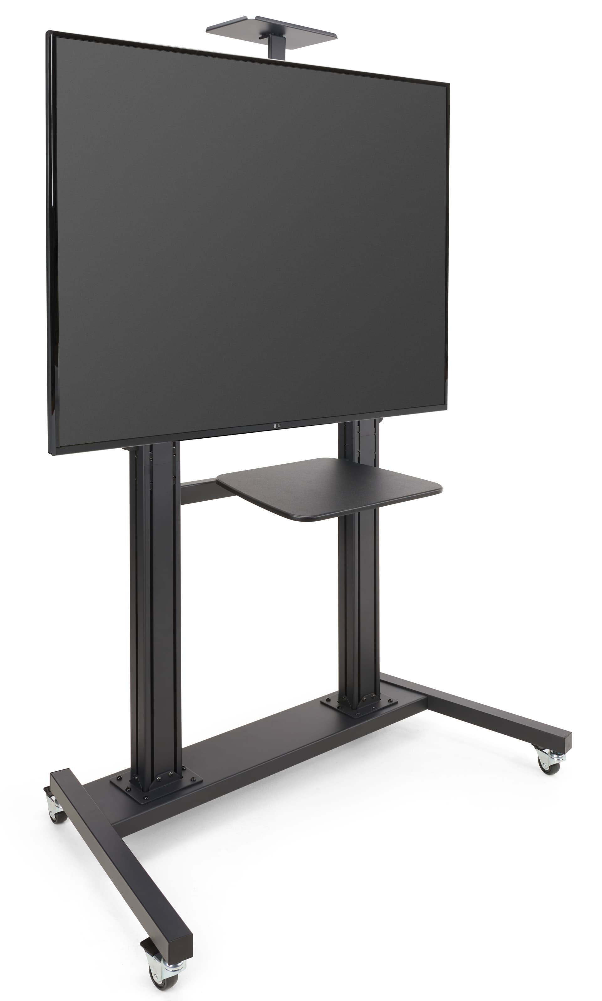 This mobile tv stand has brackets for one flat screen 