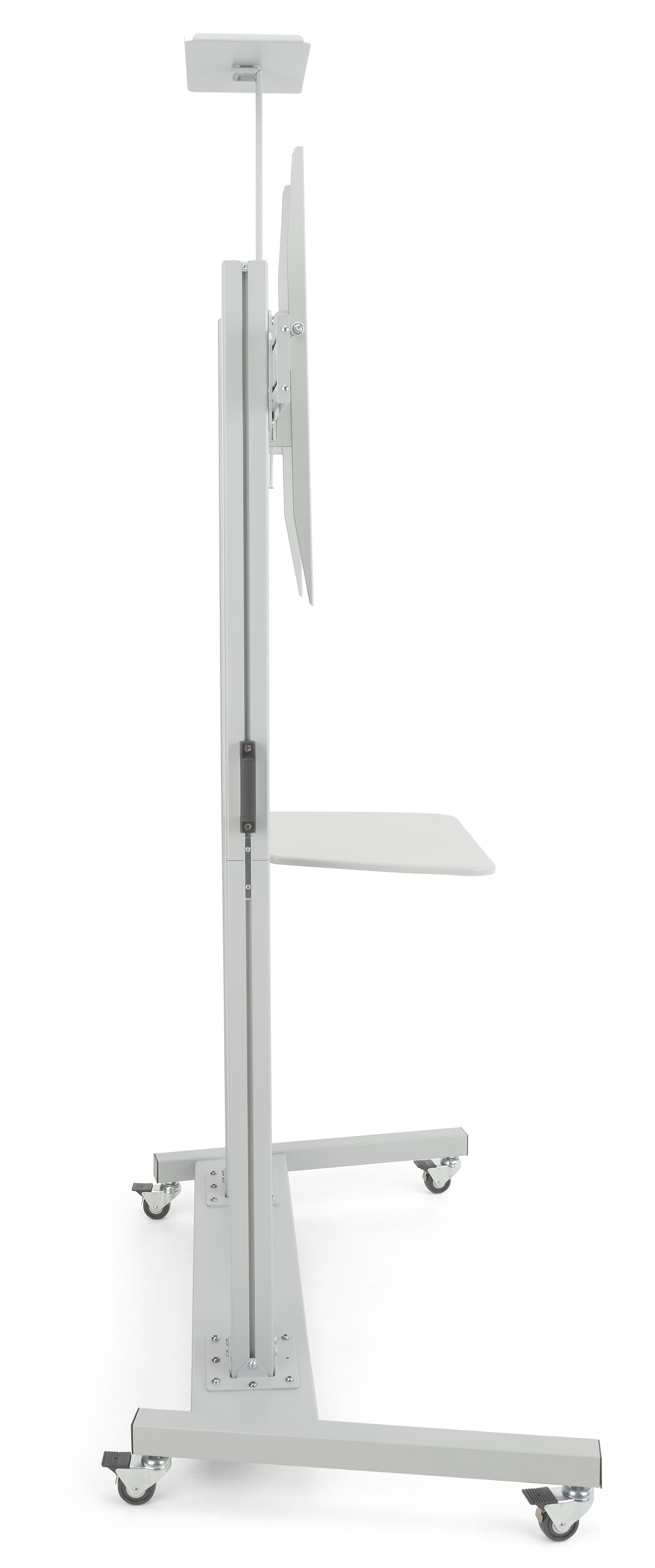This mobile tv stand has a fixed swivel range