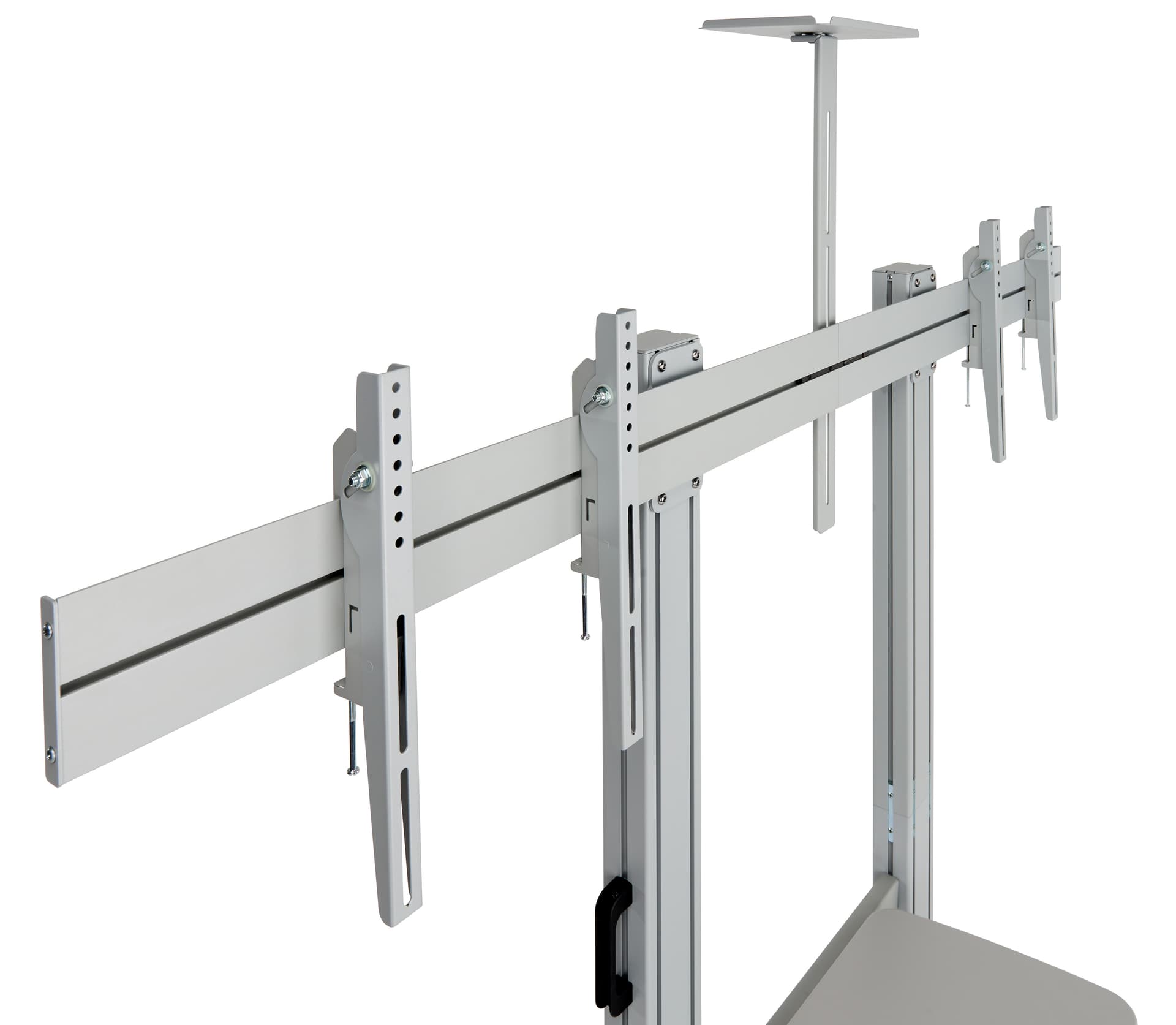 Dual screen tv stand with silver camera tray