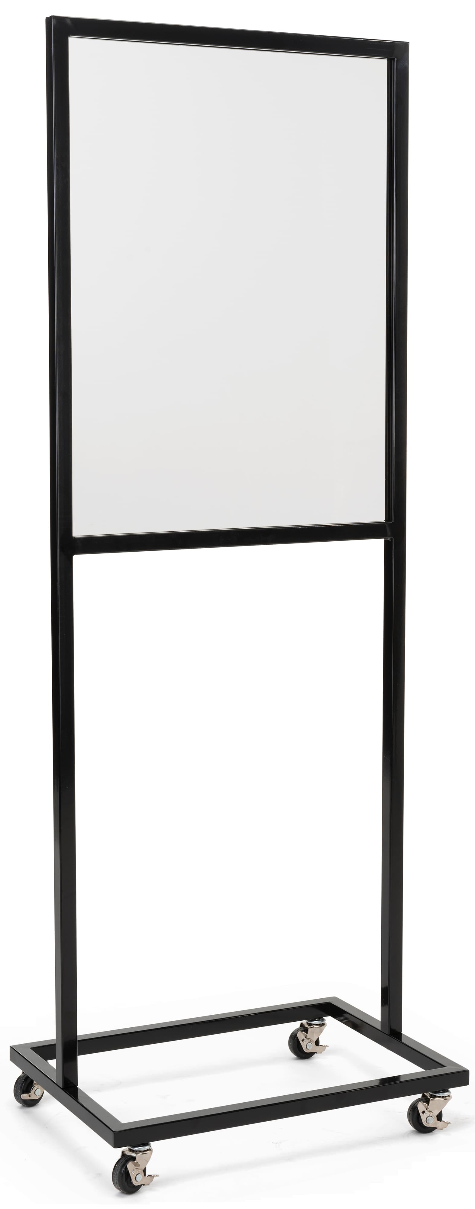 Portable cough shield on wheels with black powder-coated frame
