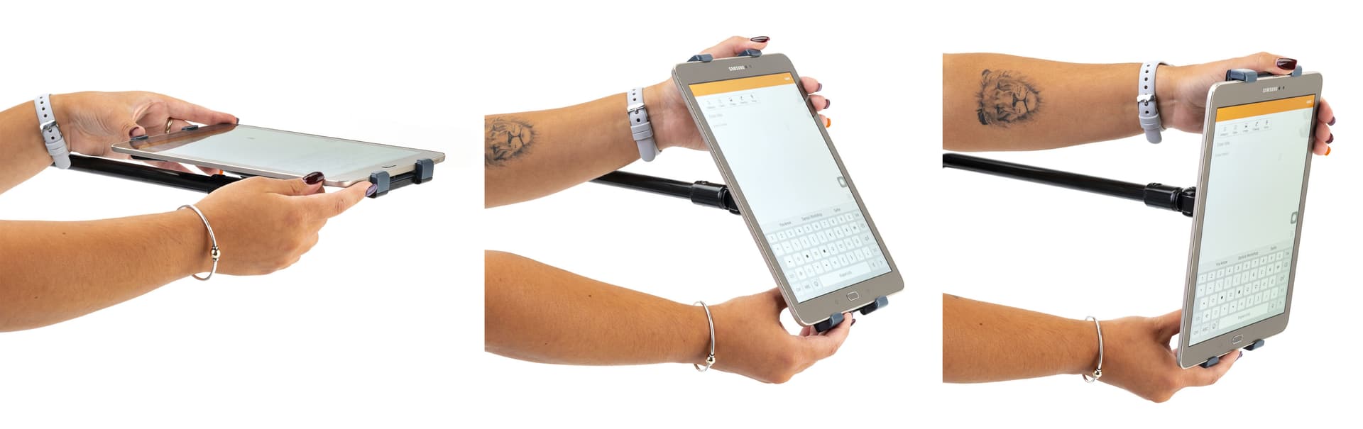 L-Arm universal tablet holder with multiple tilt display 