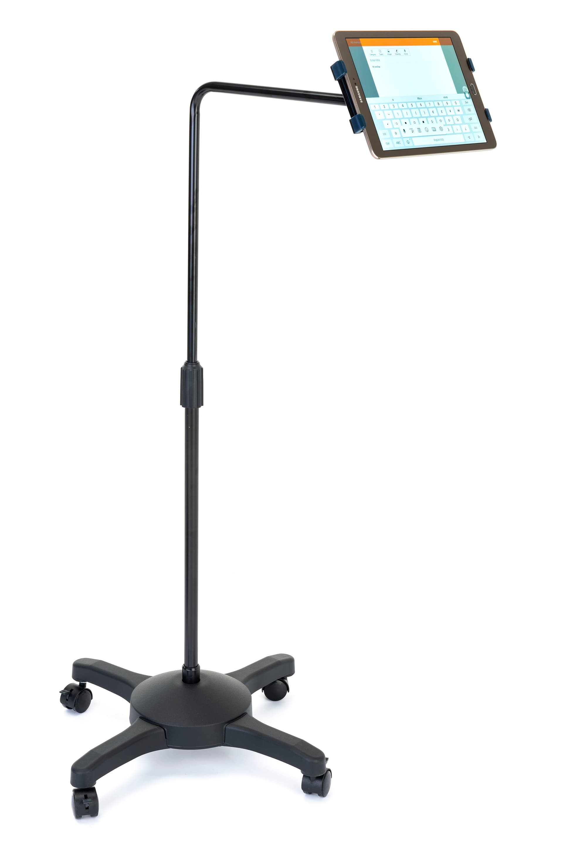 L-arm adjustable tablet holder with wheels