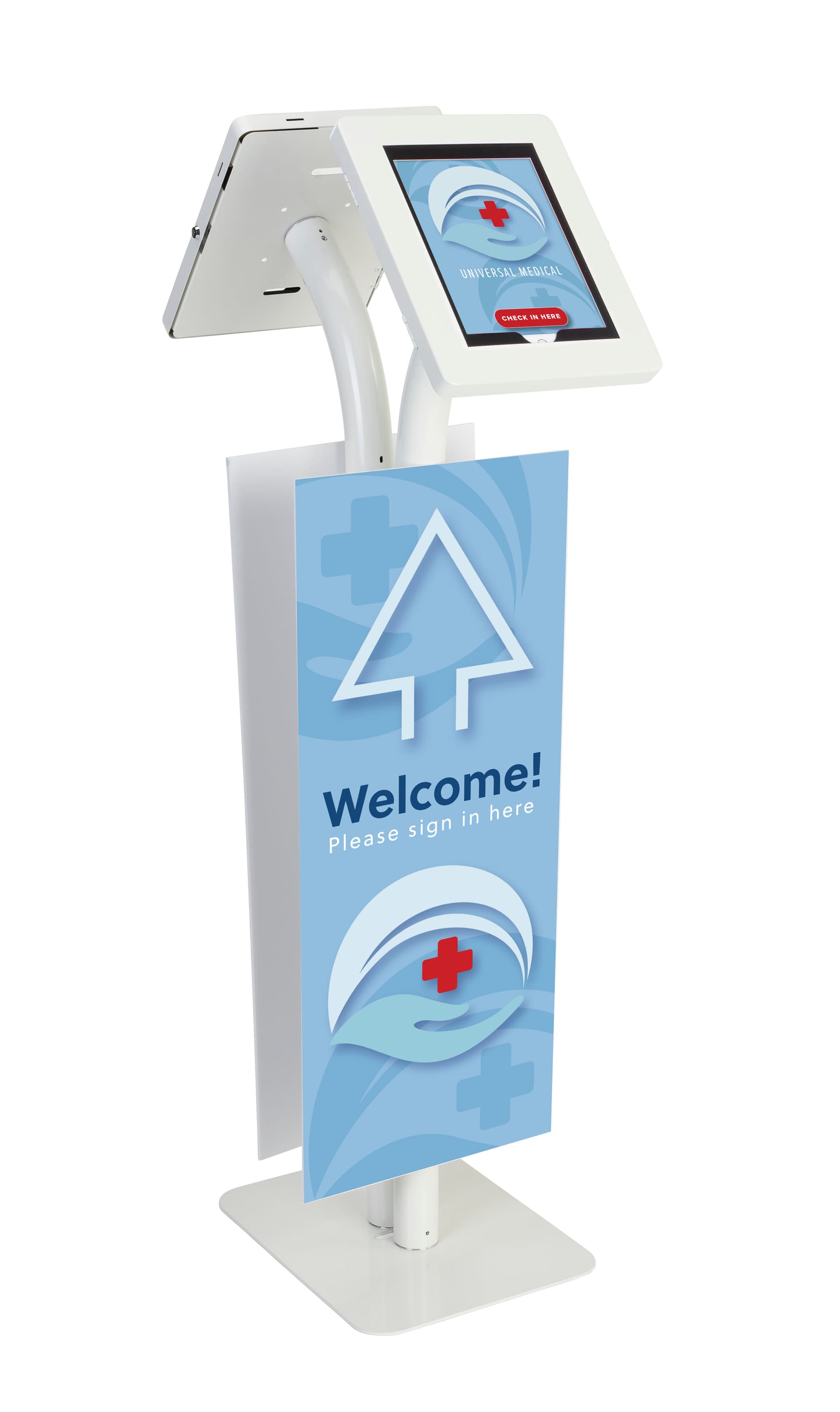 Dual tablet holder replacement graphics for IPEVRFL2 series on white aluminum and steel kiosk