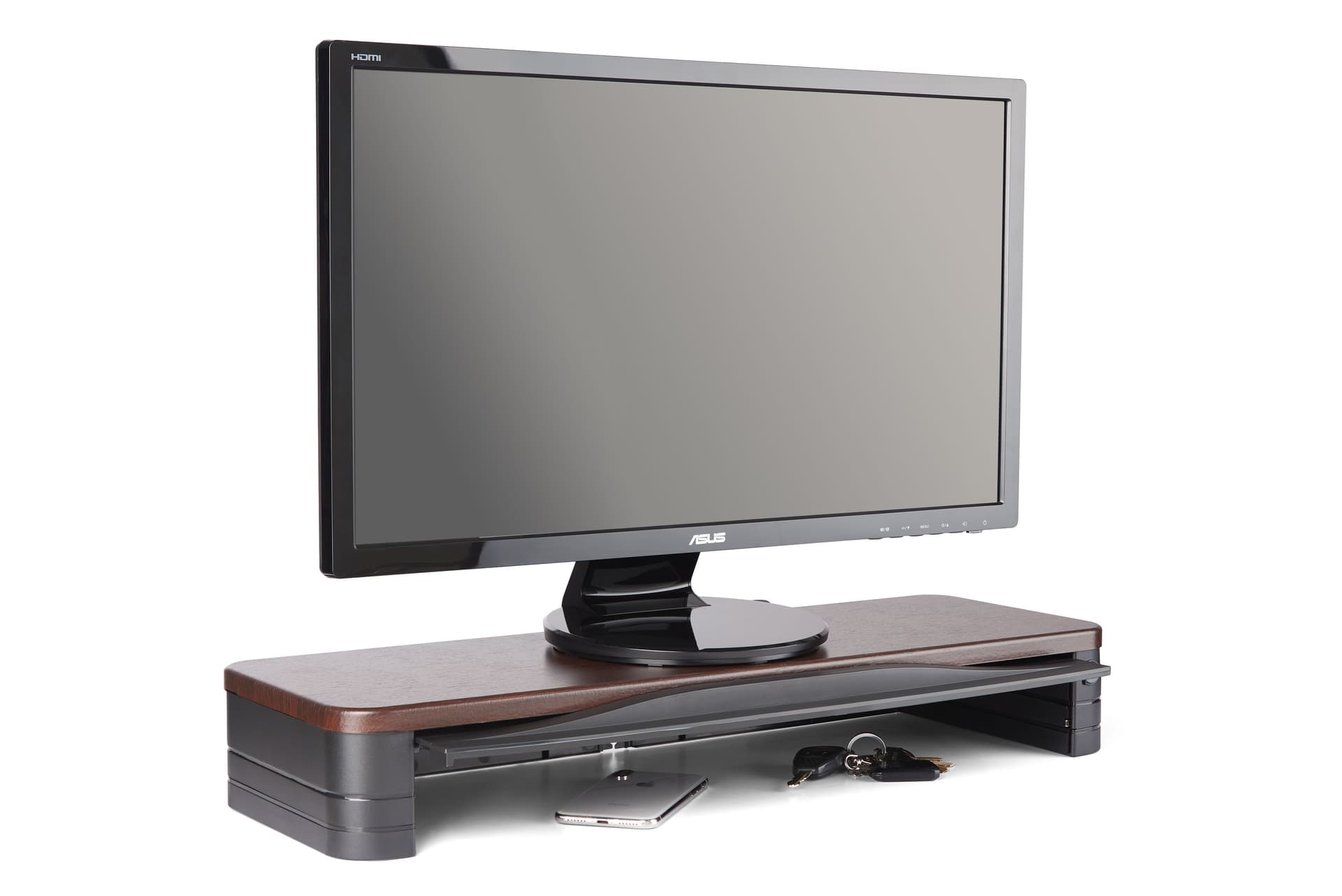 Versatile monitor stand can sanitize phone and keys