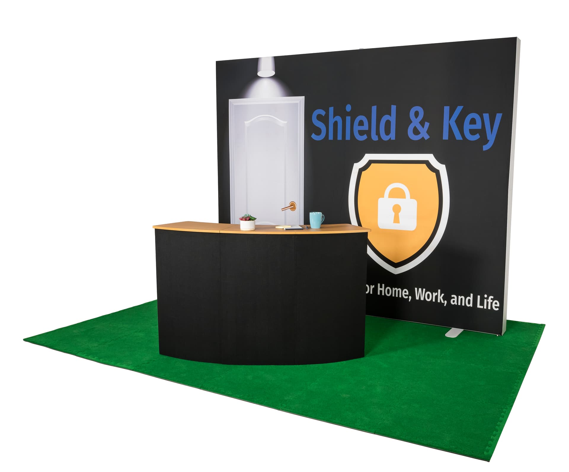 Pop up custom counter shown with branded matching booth accessories