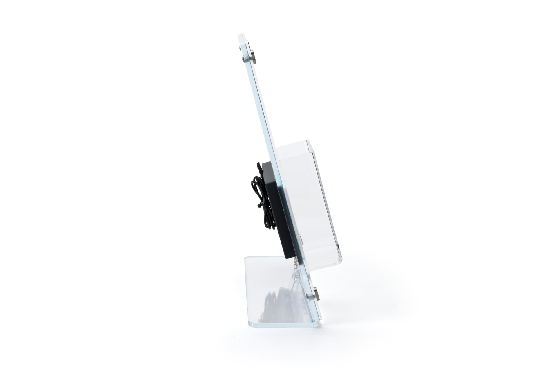 Countertop brochure holder with video screen fits onto most tables and desktops