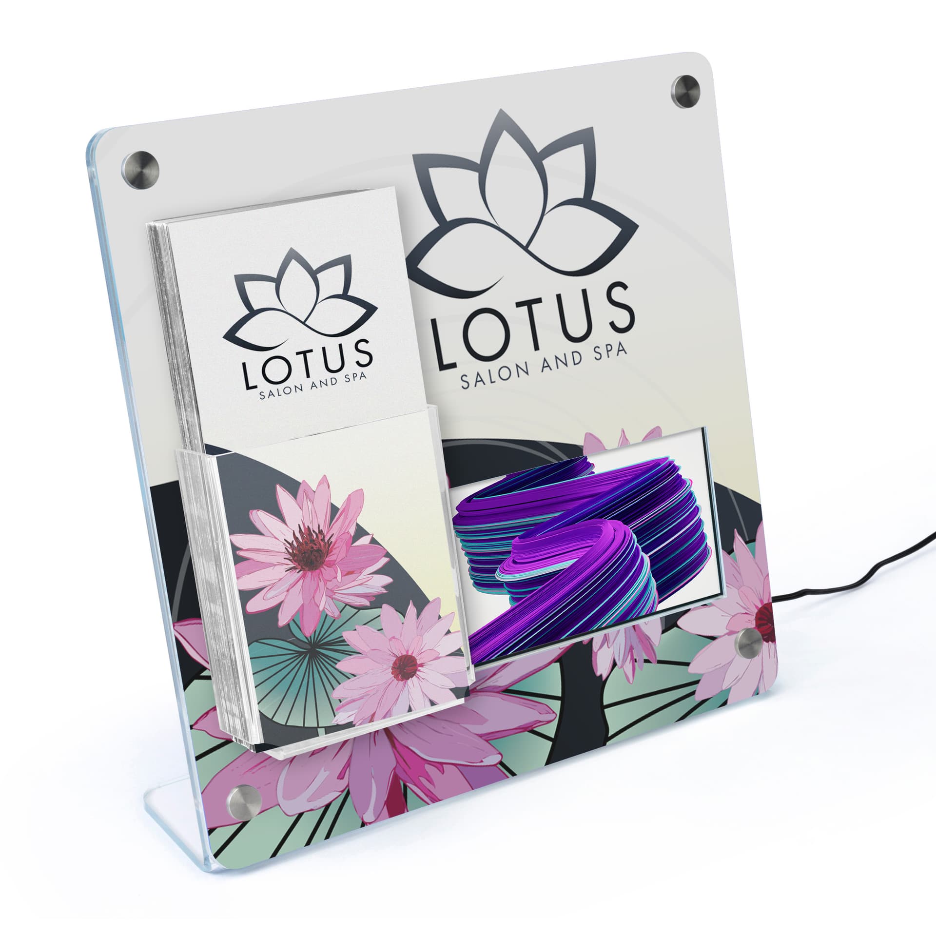 Countertop brochure holder with video screen and custom insert