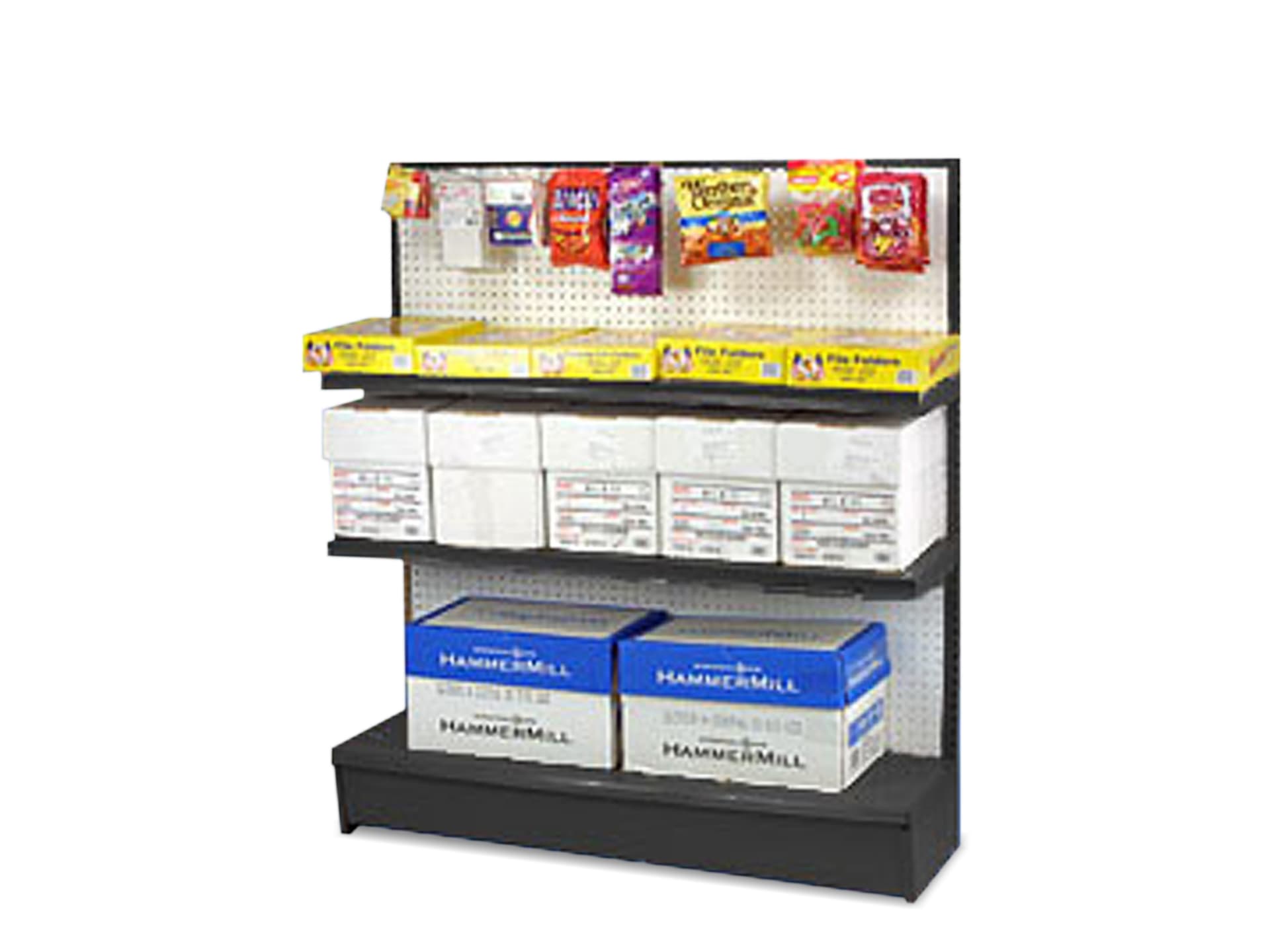 Gondola shelving with two single sided shelves