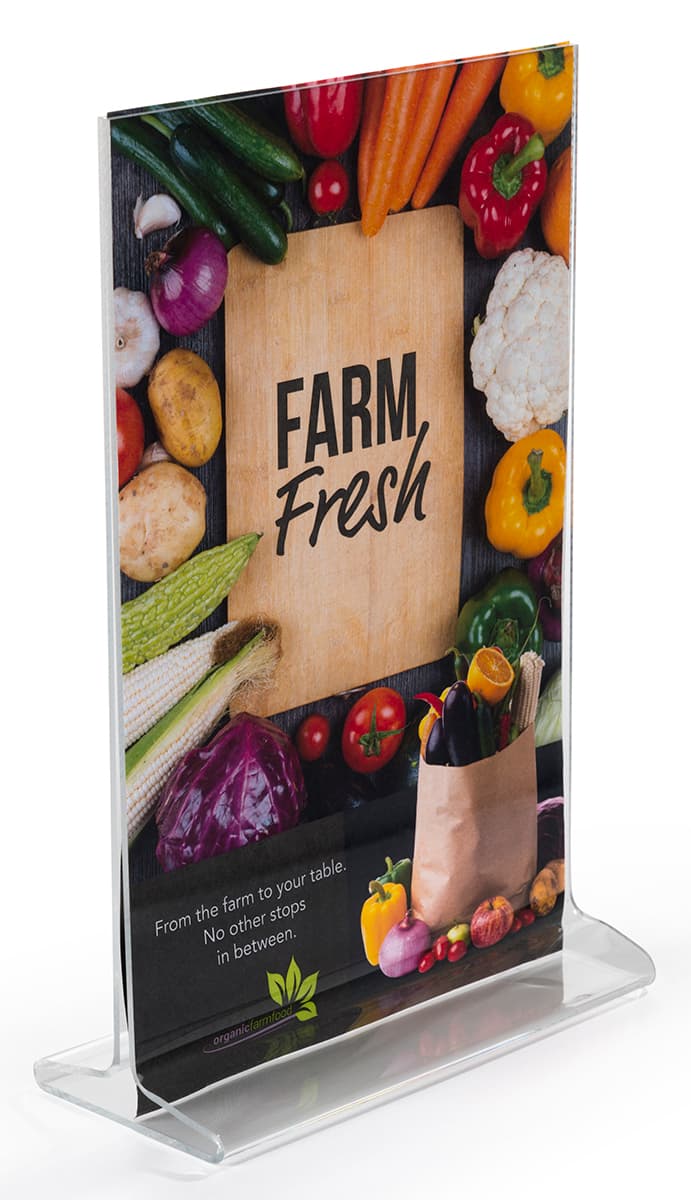 Recycled acrylic tabletop sign holders with a multitude of sizes to choose from
