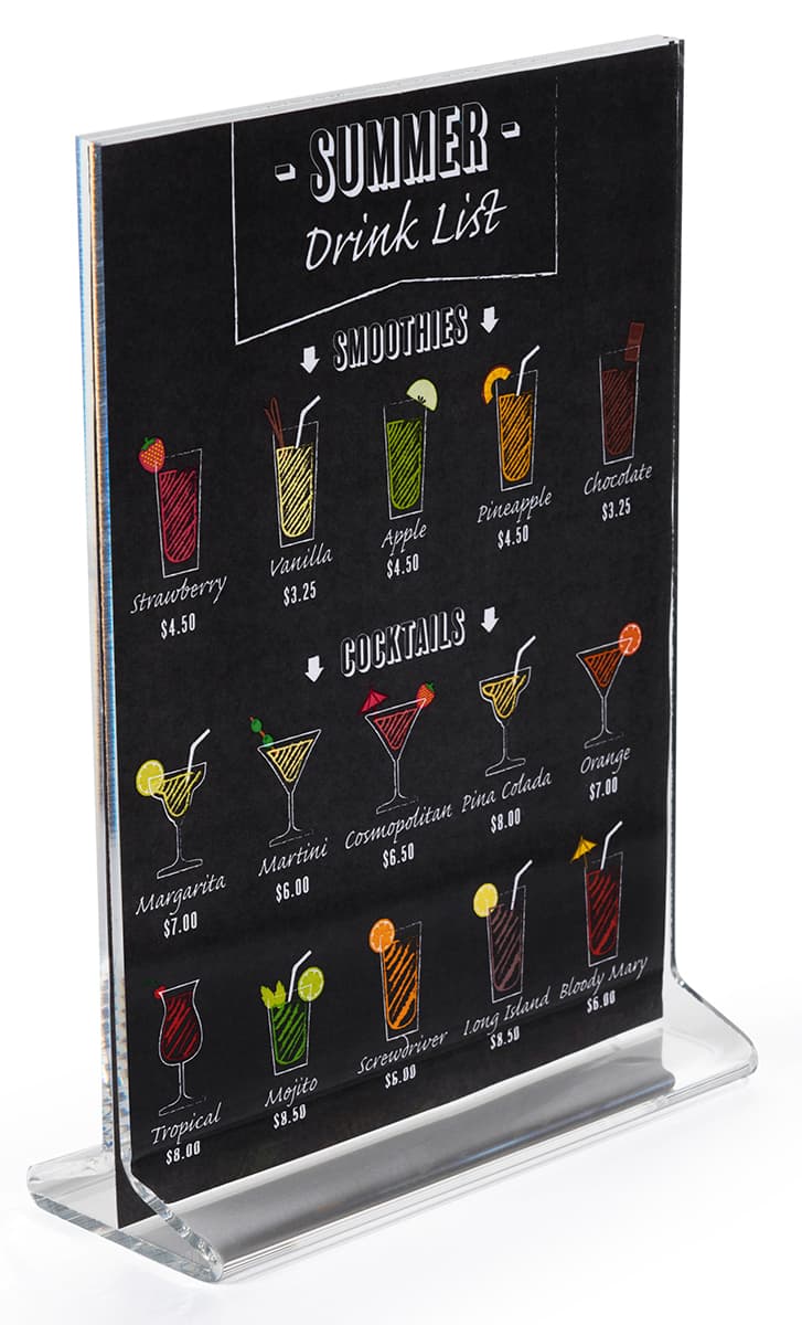 Recycled acrylic tabletop sign holders with t-styled design