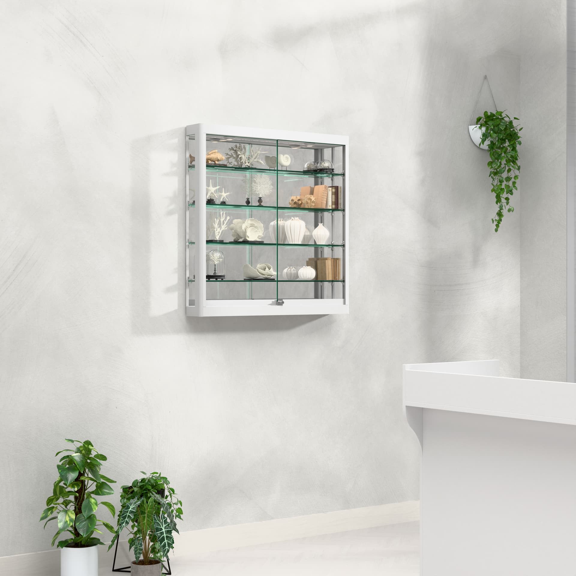 Wall LED display cabinet mounted on a wall in a reception area