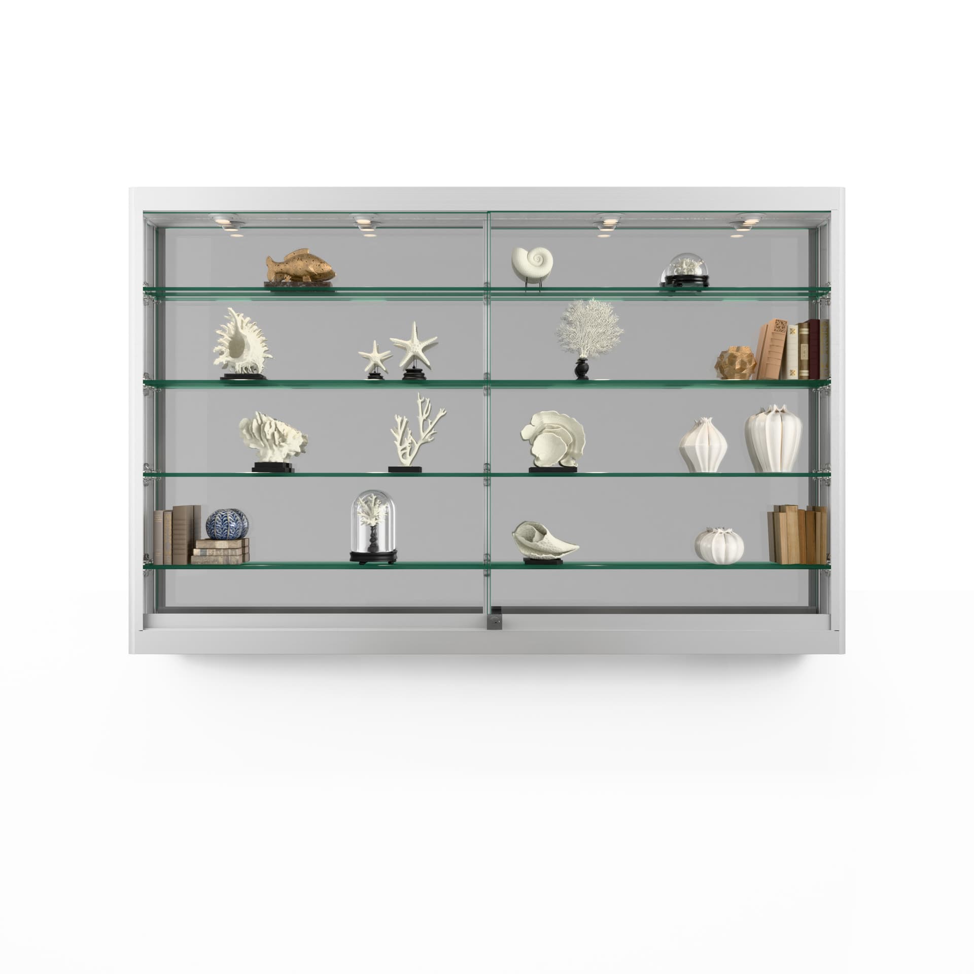 Wall mounted display cabinet with led lights and glass shelves