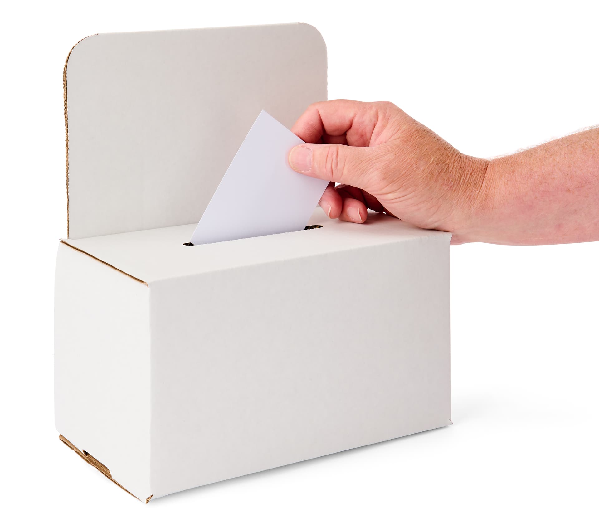 Custom cardboard enter to win box with small cutout in the top to drop in ballots