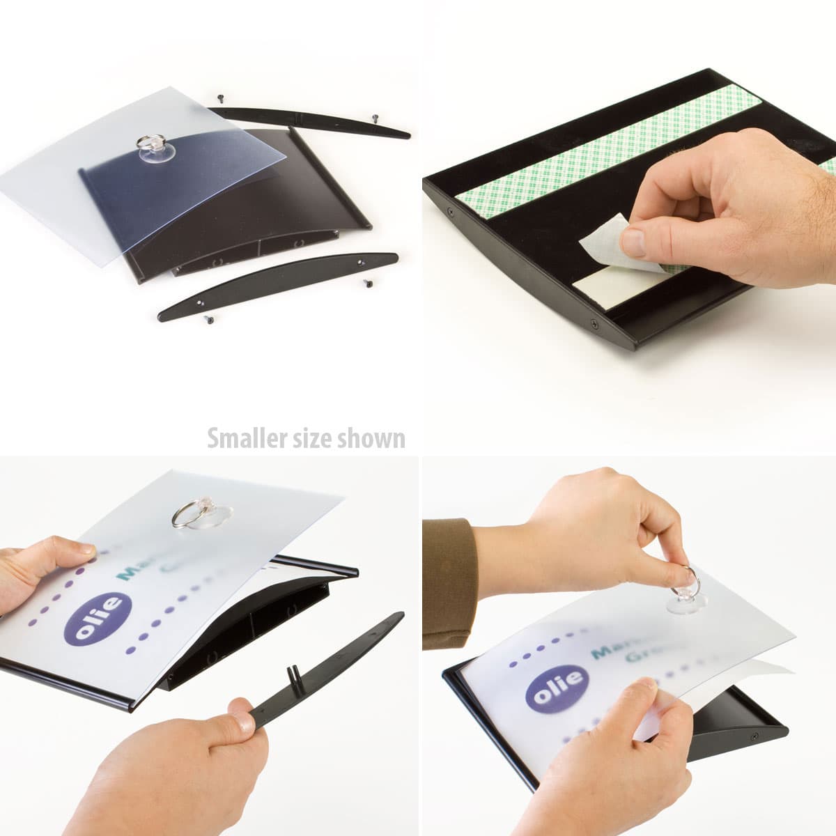 Step-by-step assembly of a wall-mounted curved sign holder with suction-cup lens removal. Images show the disassembled parts, adhesive backing being prepared, side rails being attached, and a printed insert being placed under the clear lens.