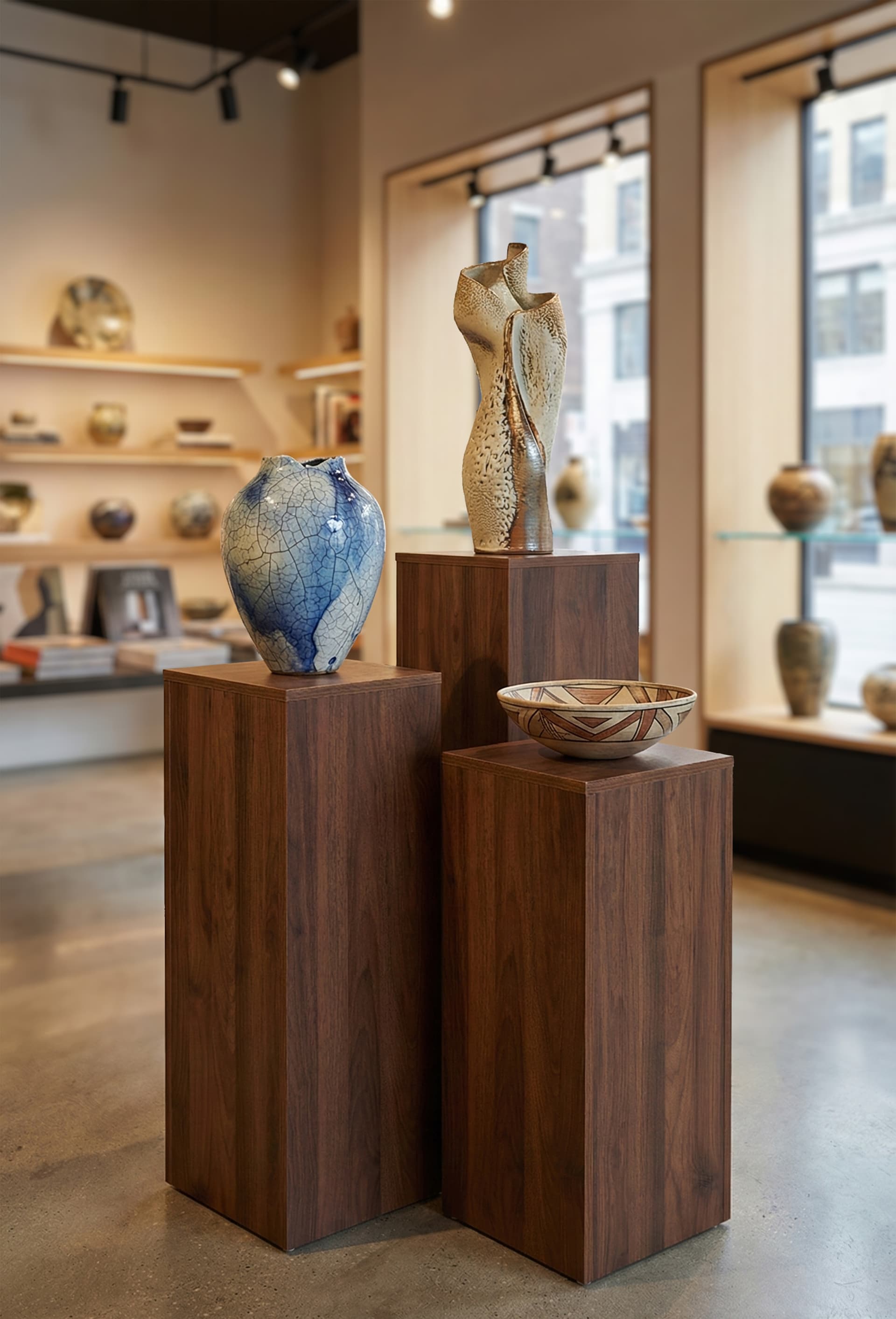 Wood grain pedestals in retail setting