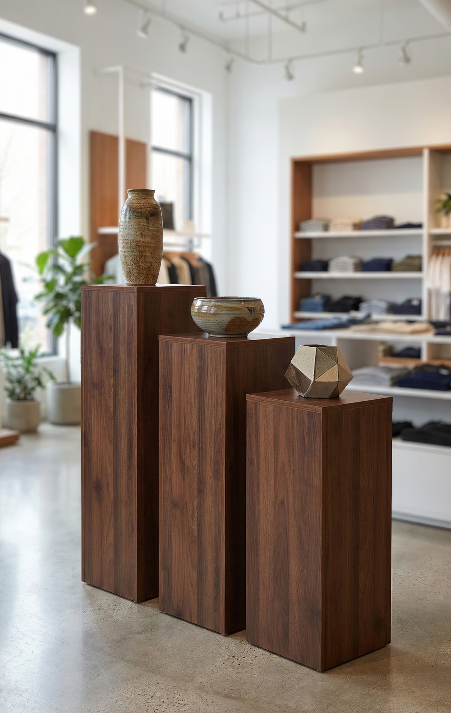 Display riser stand paired with 30" and 42" pedestals