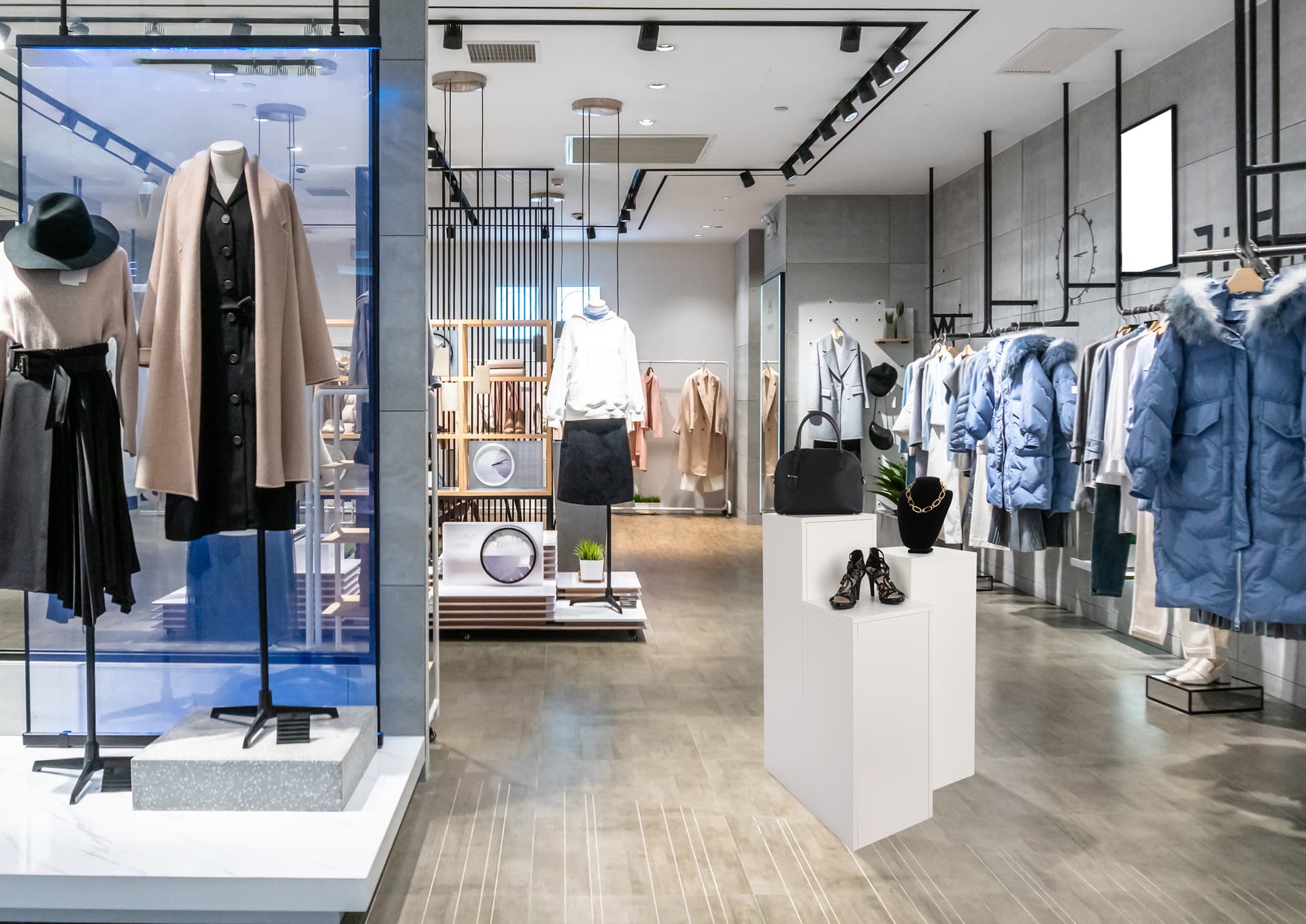 Melamine White Laminate Pedestal in retail space