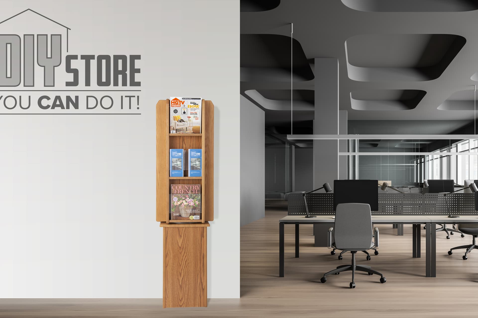 Wood magazine rack is perfect for displaying home remodeling catalogs 