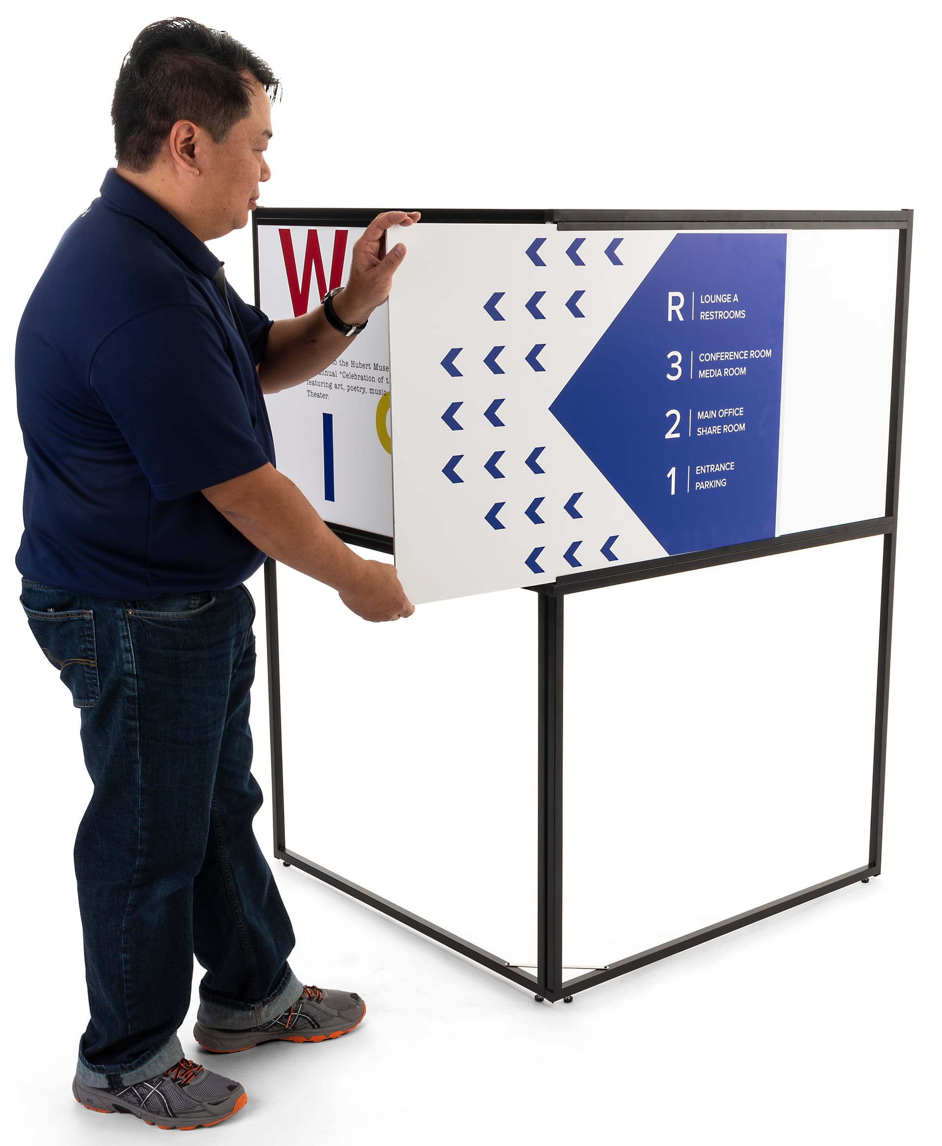 Free standing corner sign frame with slide insert loading style