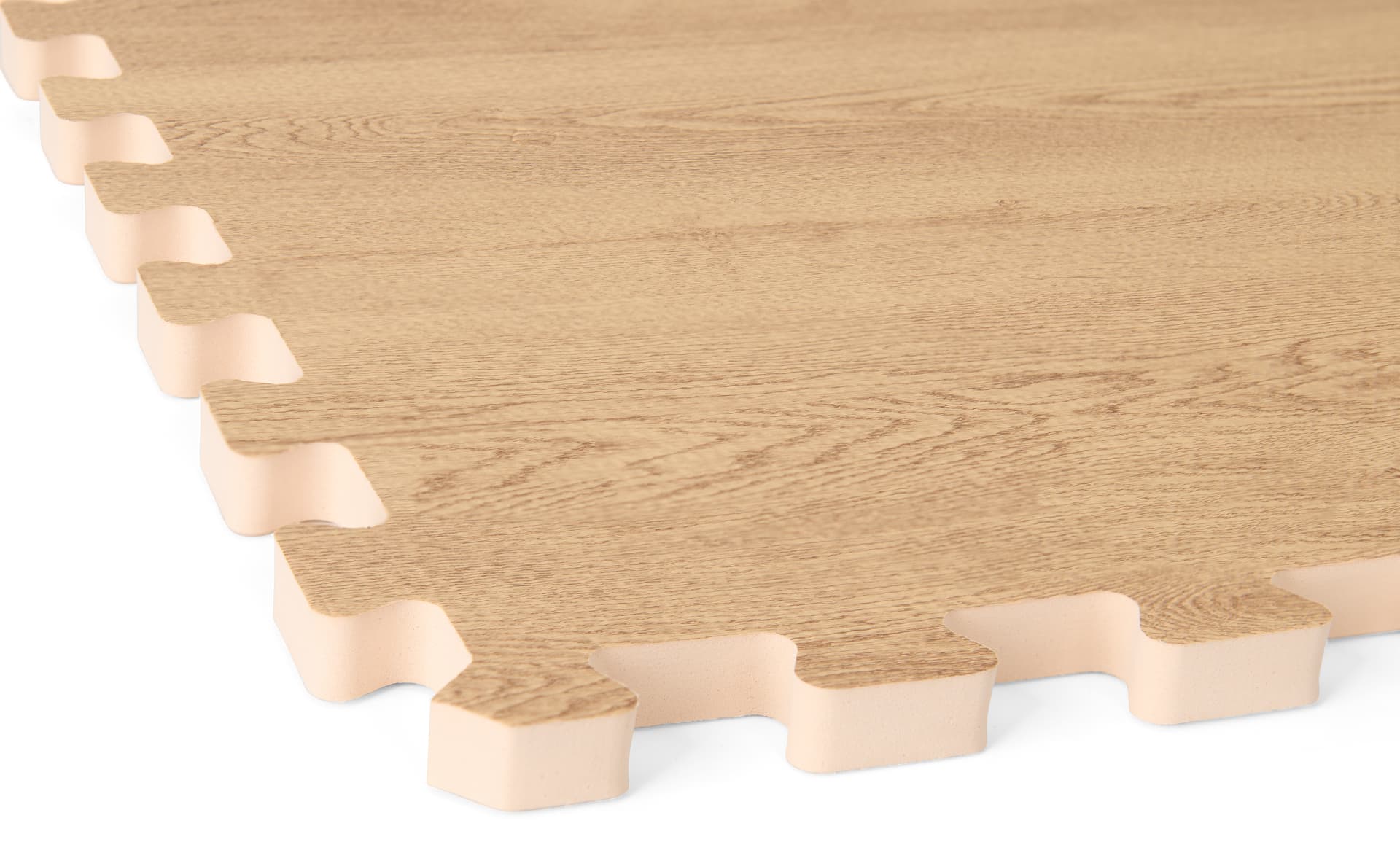 Foam wood floor tiles showing a close up of one of the 5/8 inch thick tile