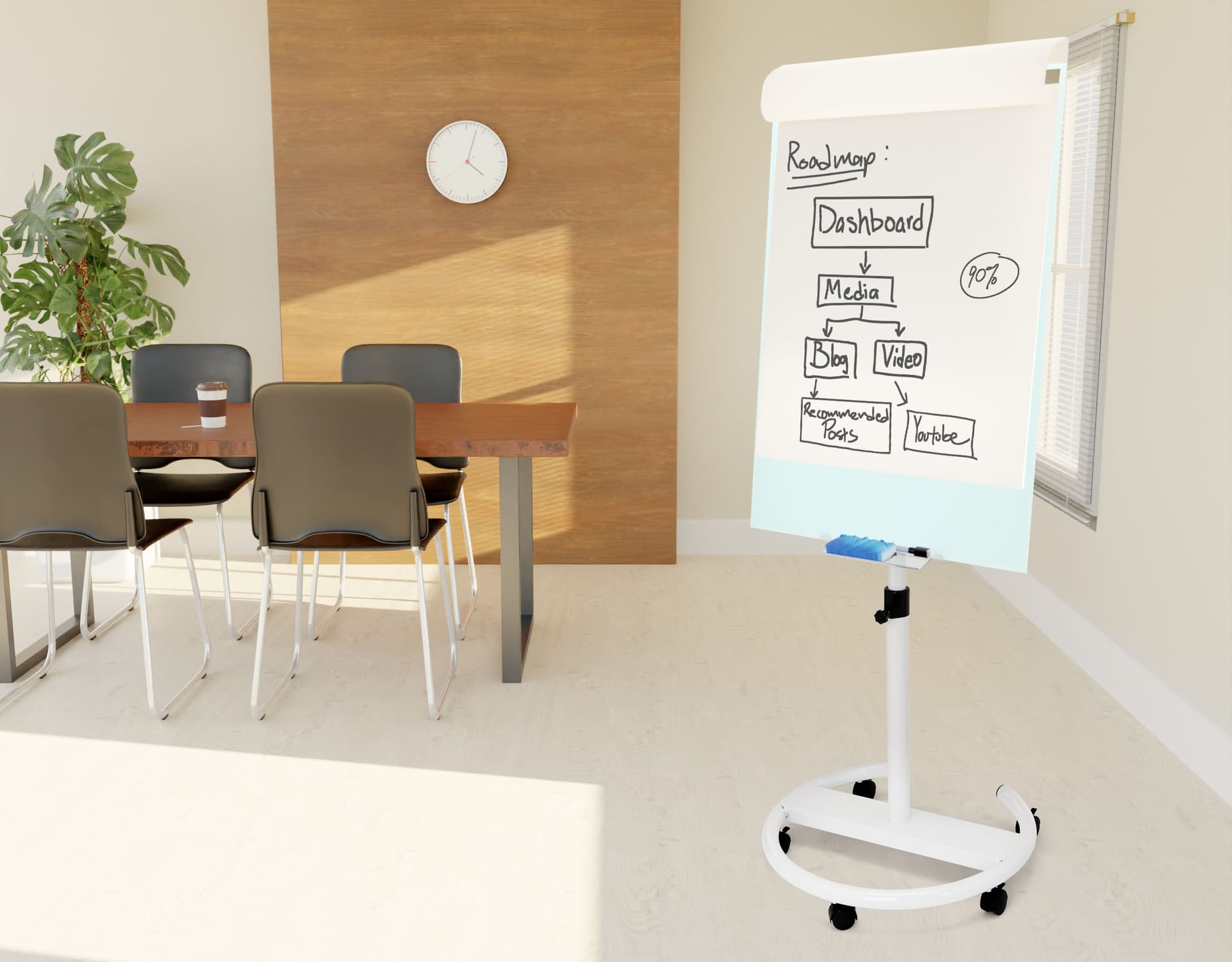 Mobile glass whiteboard with rolling casters that lock for stability