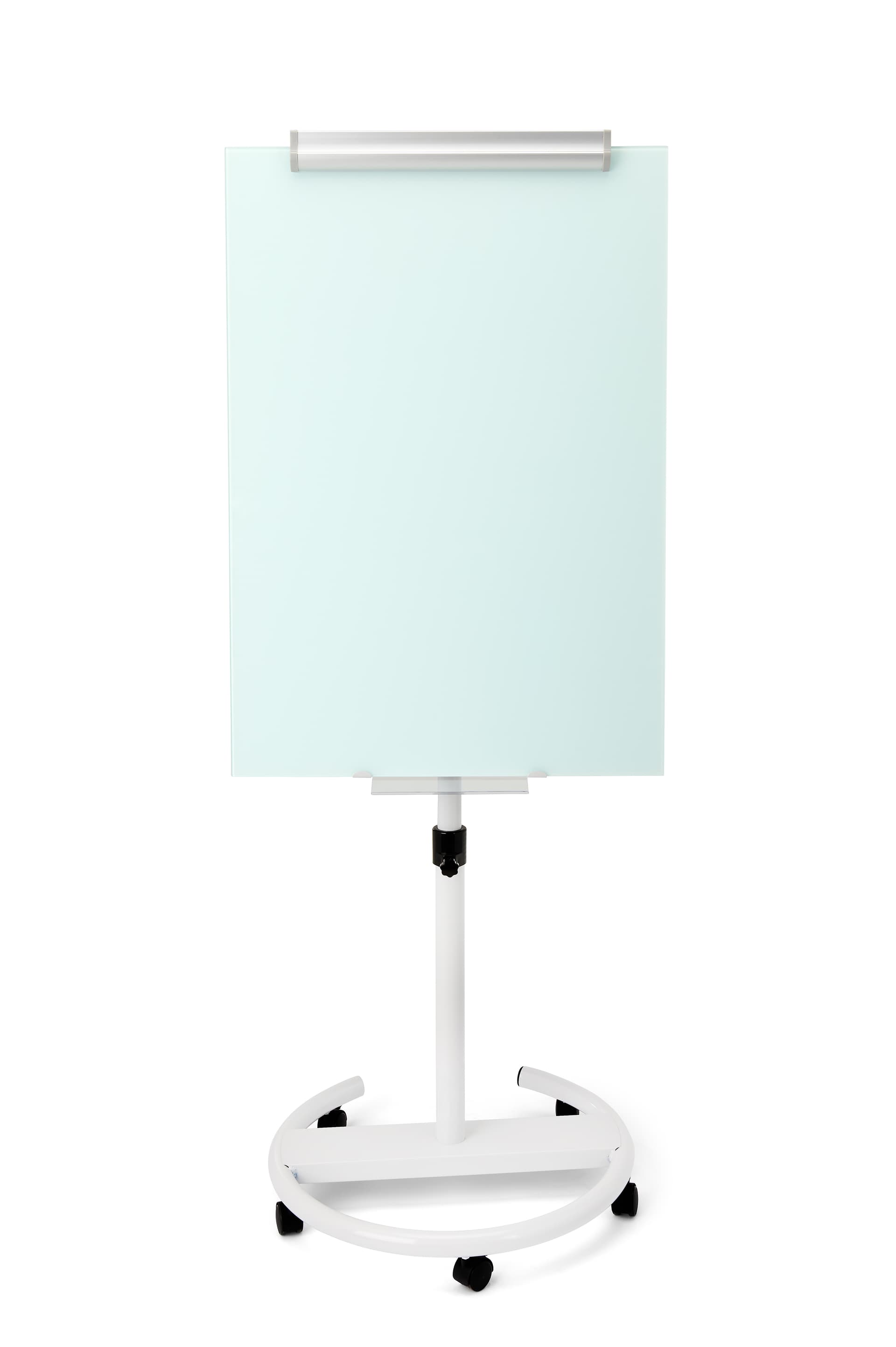 Mobile glass whiteboard with top clamp for securing materials