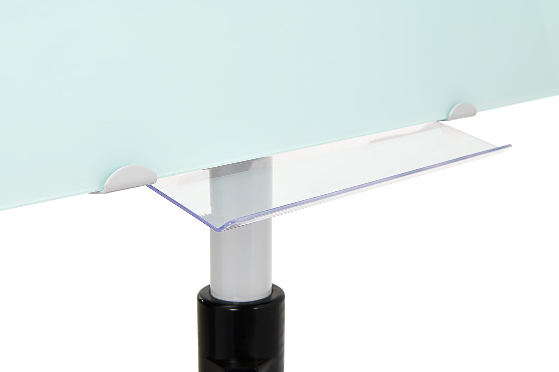 Mobile glass whiteboard with transparent accessory tray