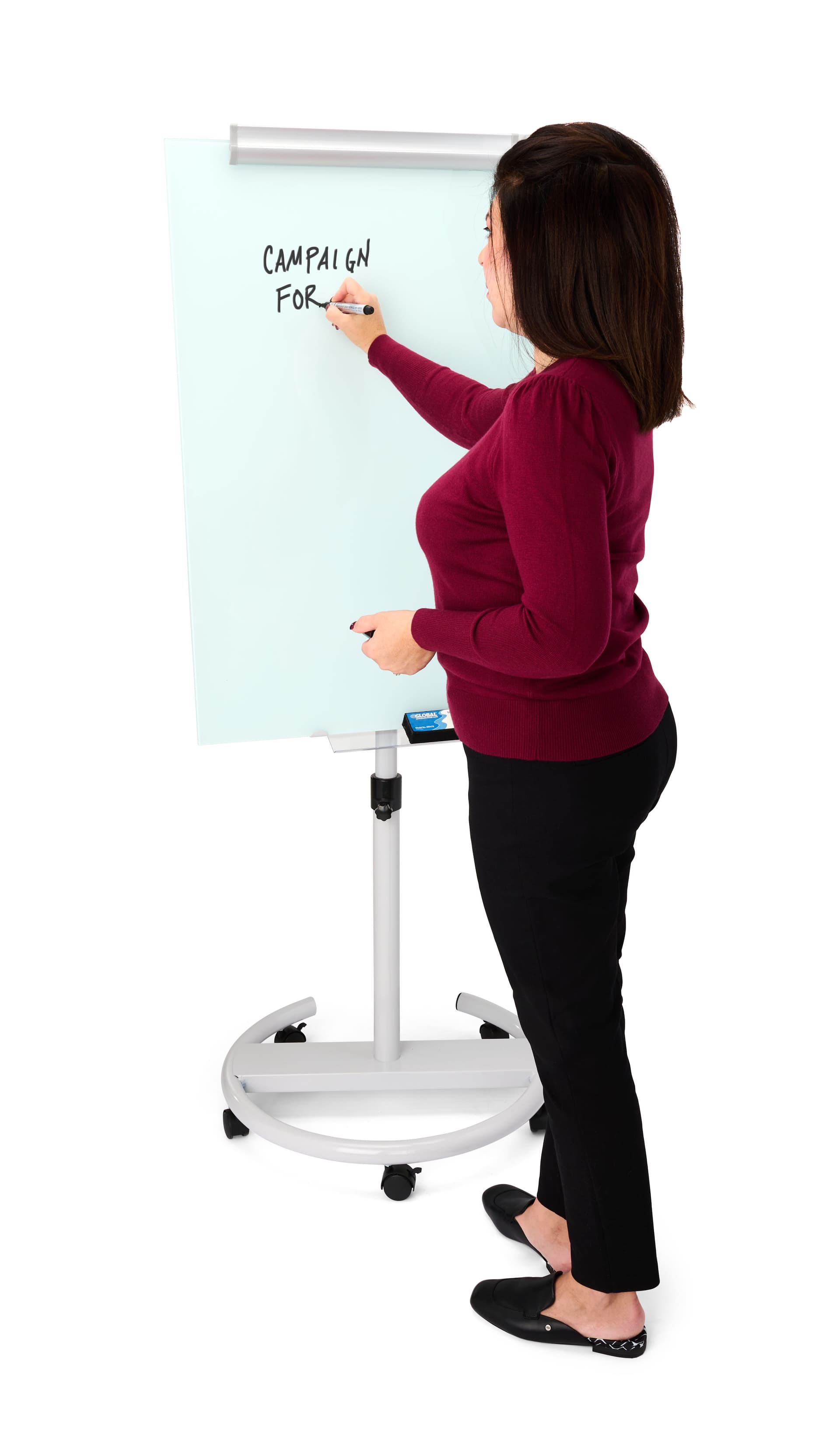 Mobile glass whiteboard with magnetic writing surface