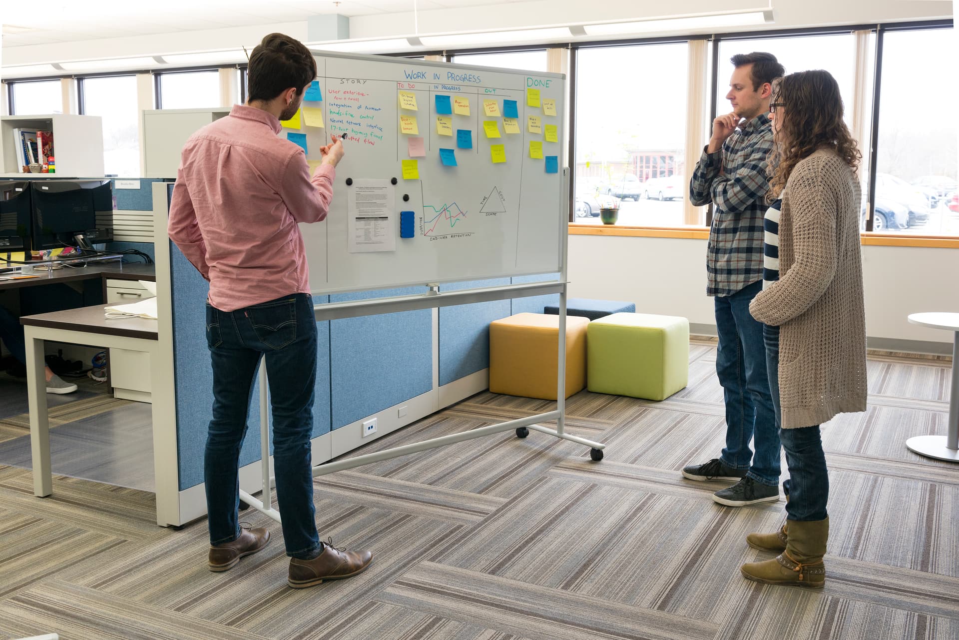 Whiteboard on wheels for stand-up meeting