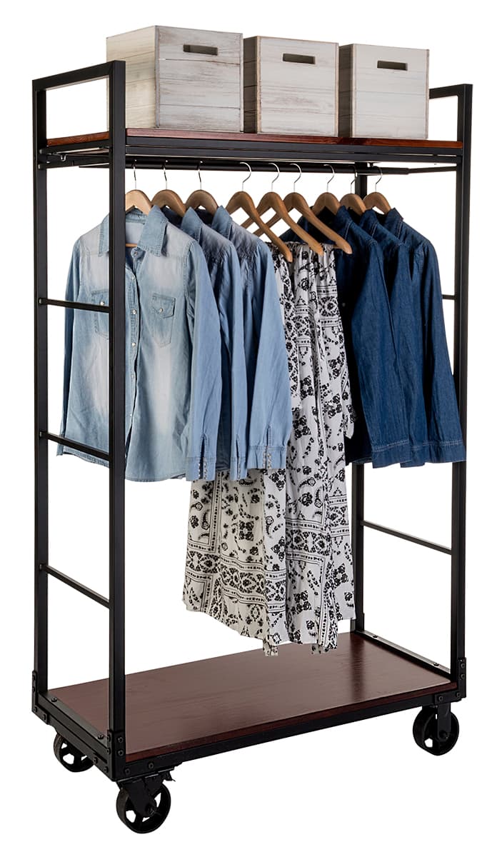 Metal pipe mobile industrial retail dual shelf armoire rack