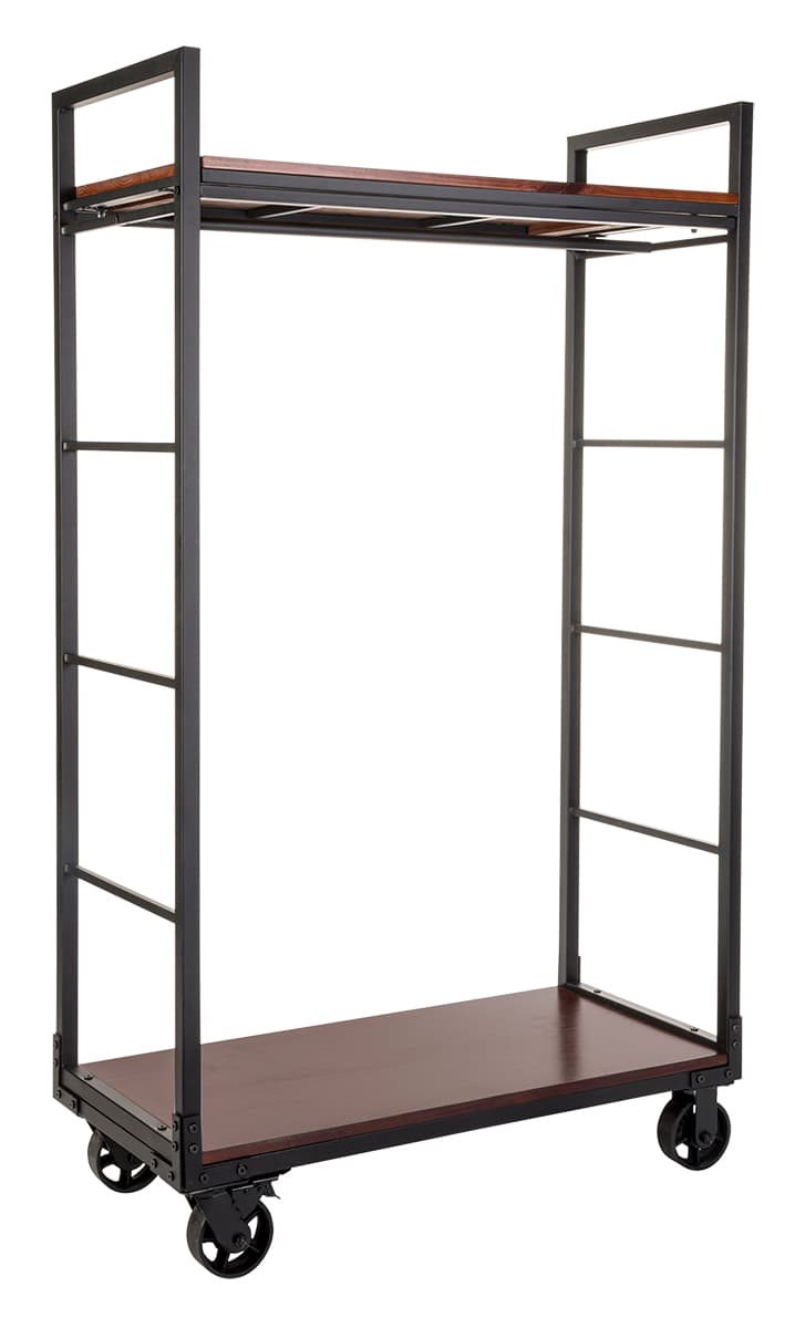 Wagon wheel mobile industrial retail dual shelf armoire rack
