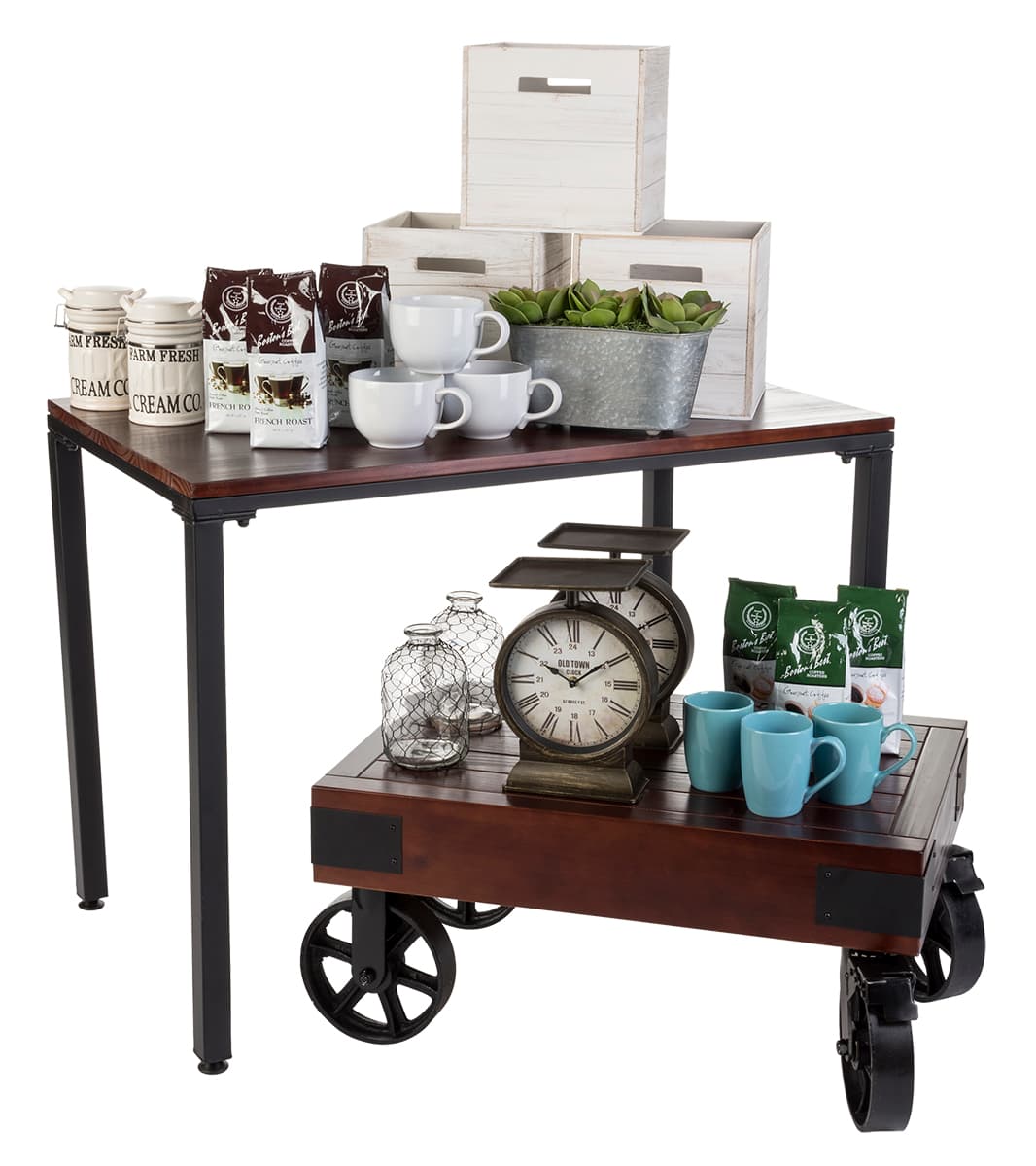 Black accents on the vintage style pipe fixture display set