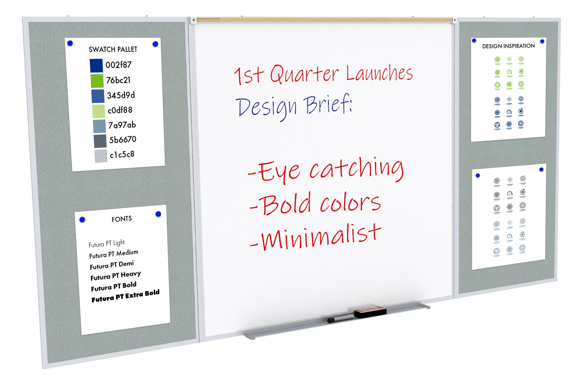 Whiteboard with tack board and dry erase markers 