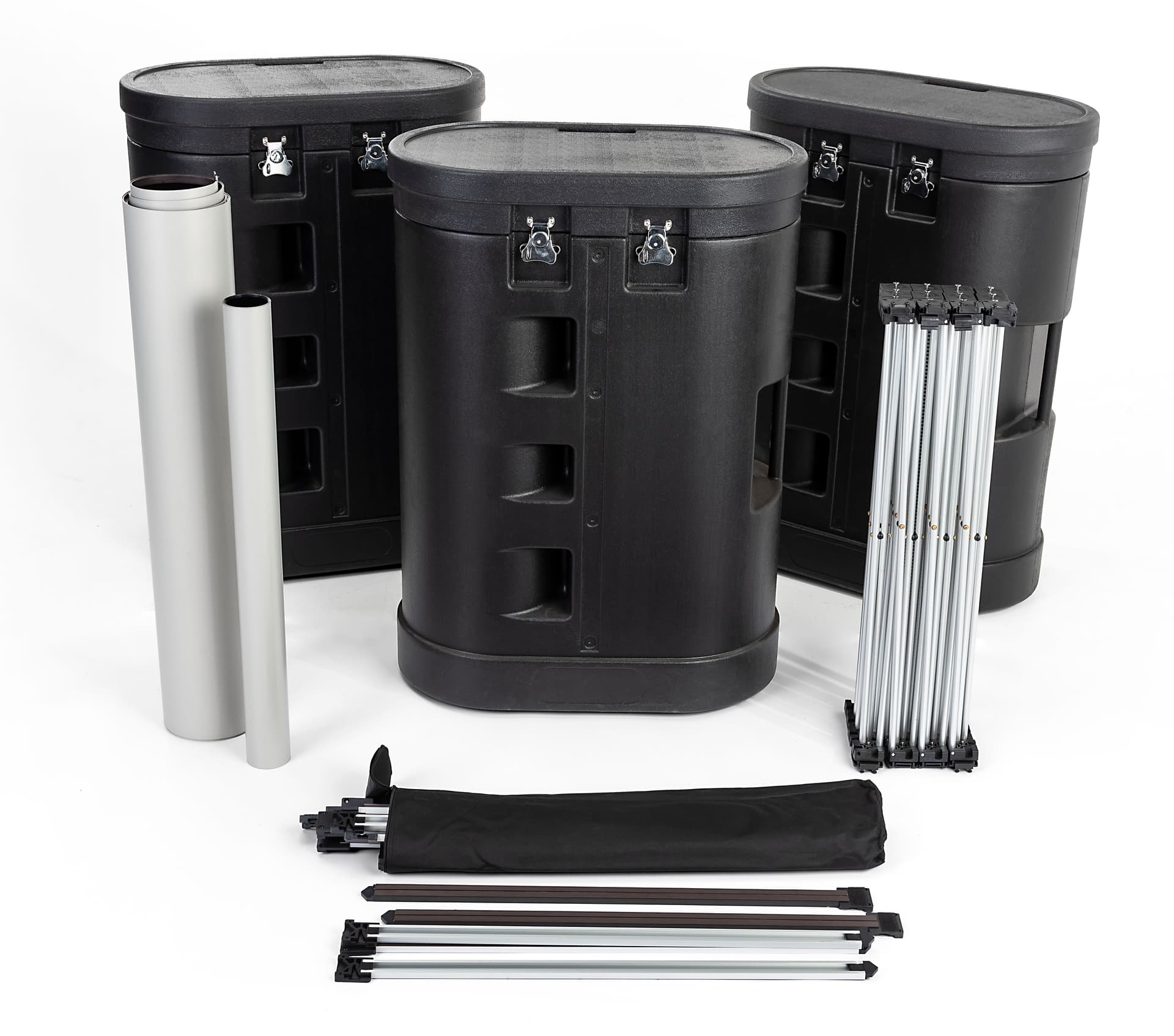3-sided island booth display with three travel cases