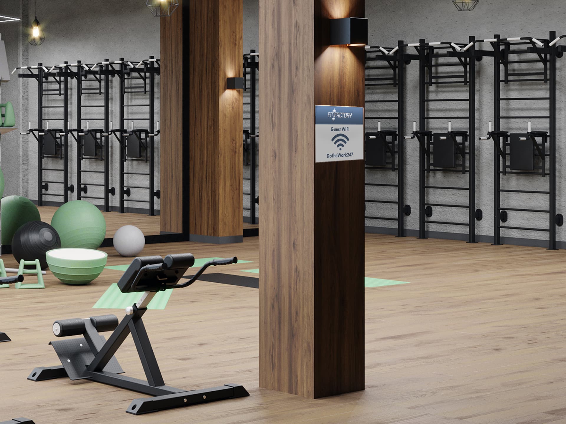 Wall mounted sign holder posted in a gym with guest wifi signage