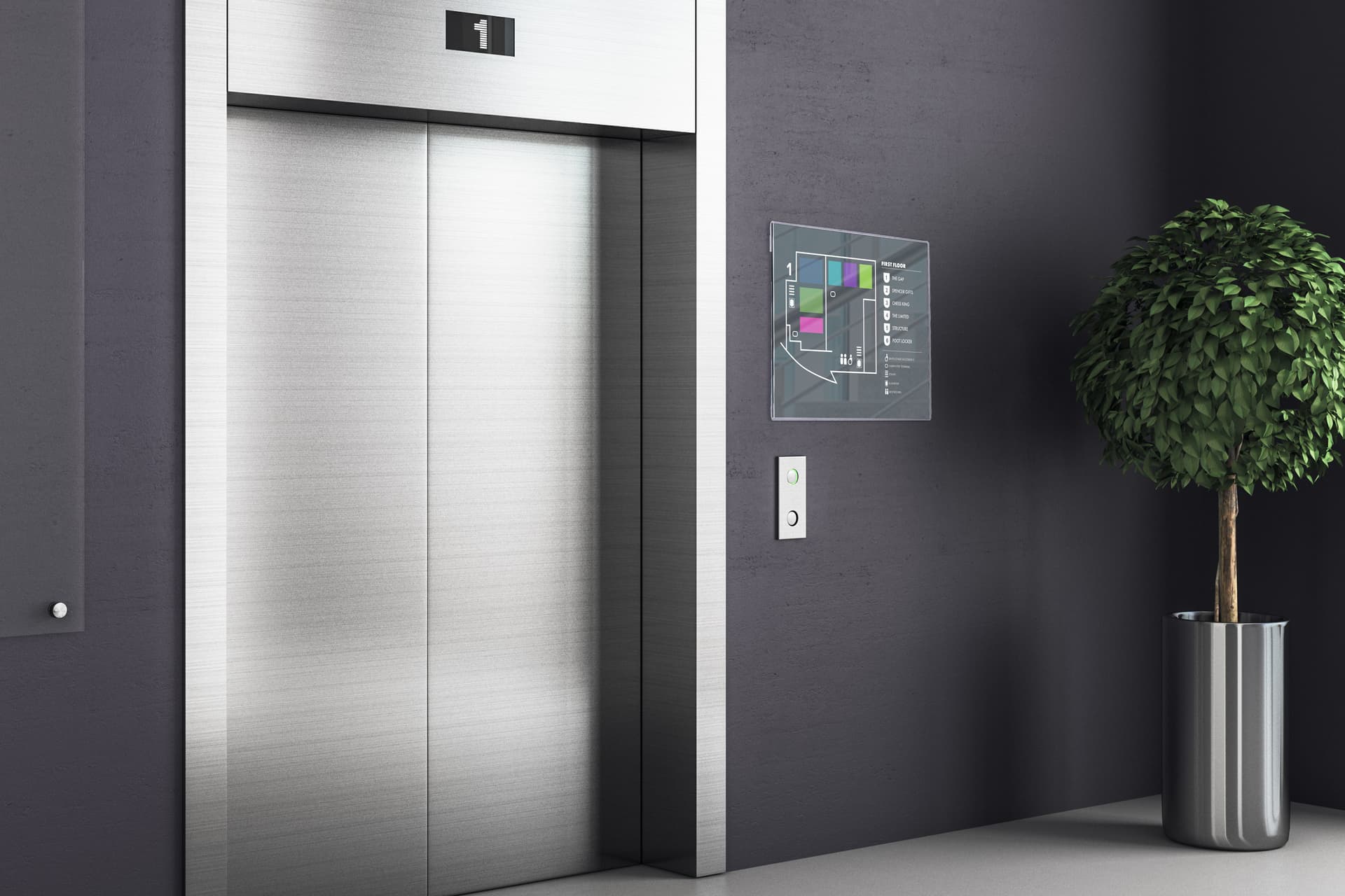 Wall mounted sign with wayfinding signage posted in a lobby