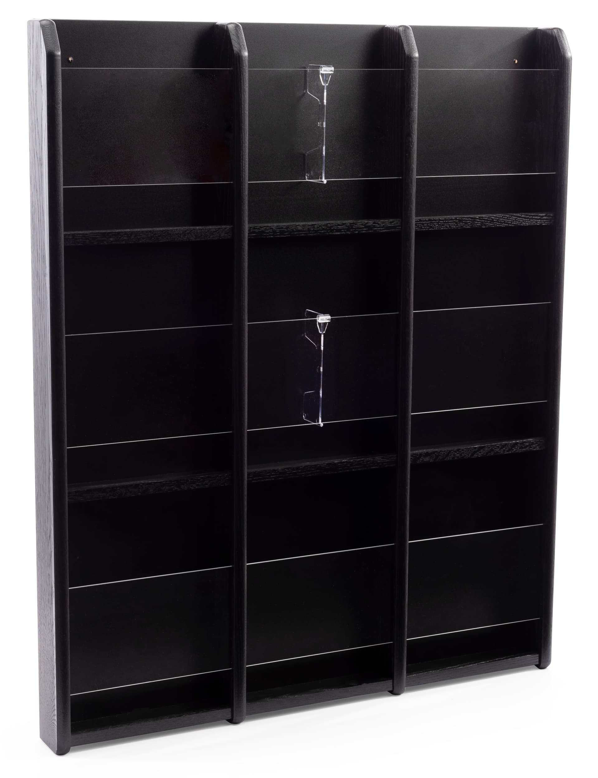 30.0 inch x 36.8 inch black finish magazine rack with easy to apply brochure dividers 