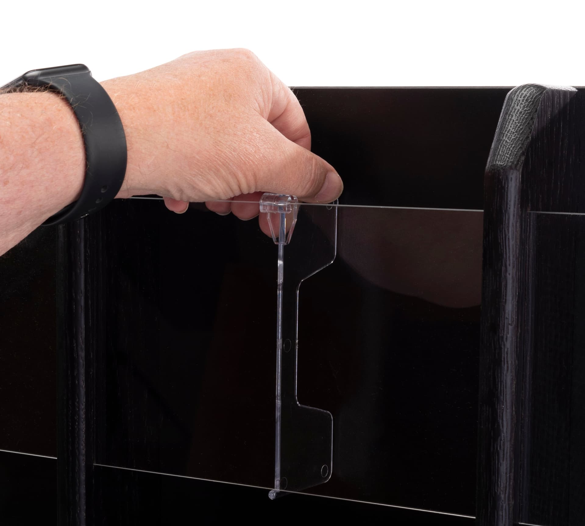 30.0 inch x 36.8 inch black finish magazine rack with clear acrylic pocket dividers for brochures 