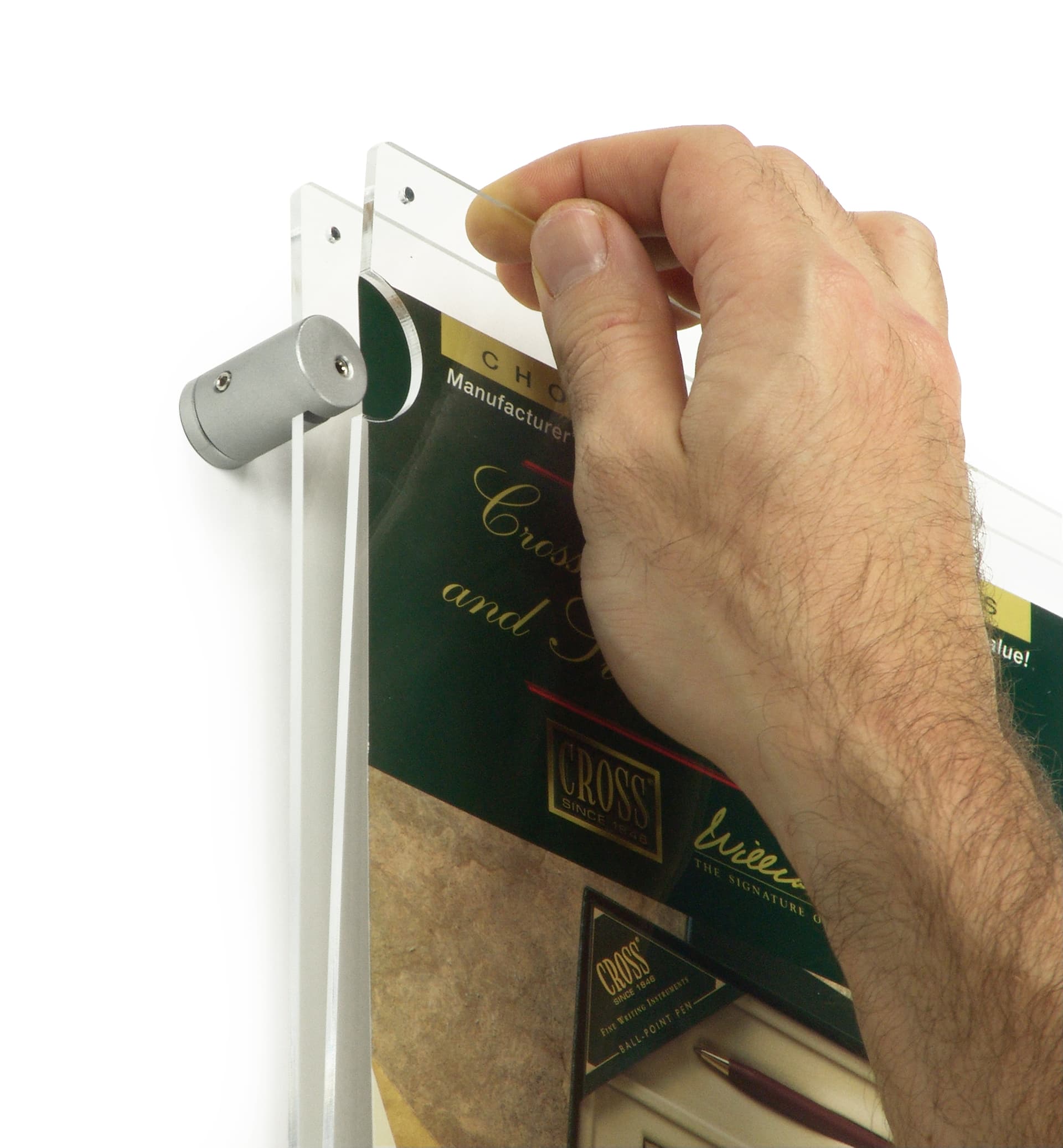 Panoramic acrylic frame showing how easy it is to swap graphics thanks to the magnetic functionality of these recycled acrylic signs