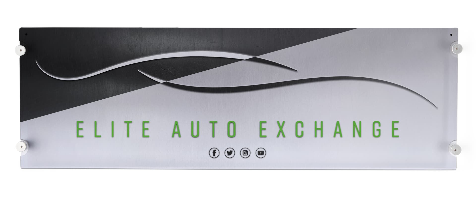 Panoramic acrylic frame exhibiting a graphic of an auto exchange in a large 30 inch by 10 inch size