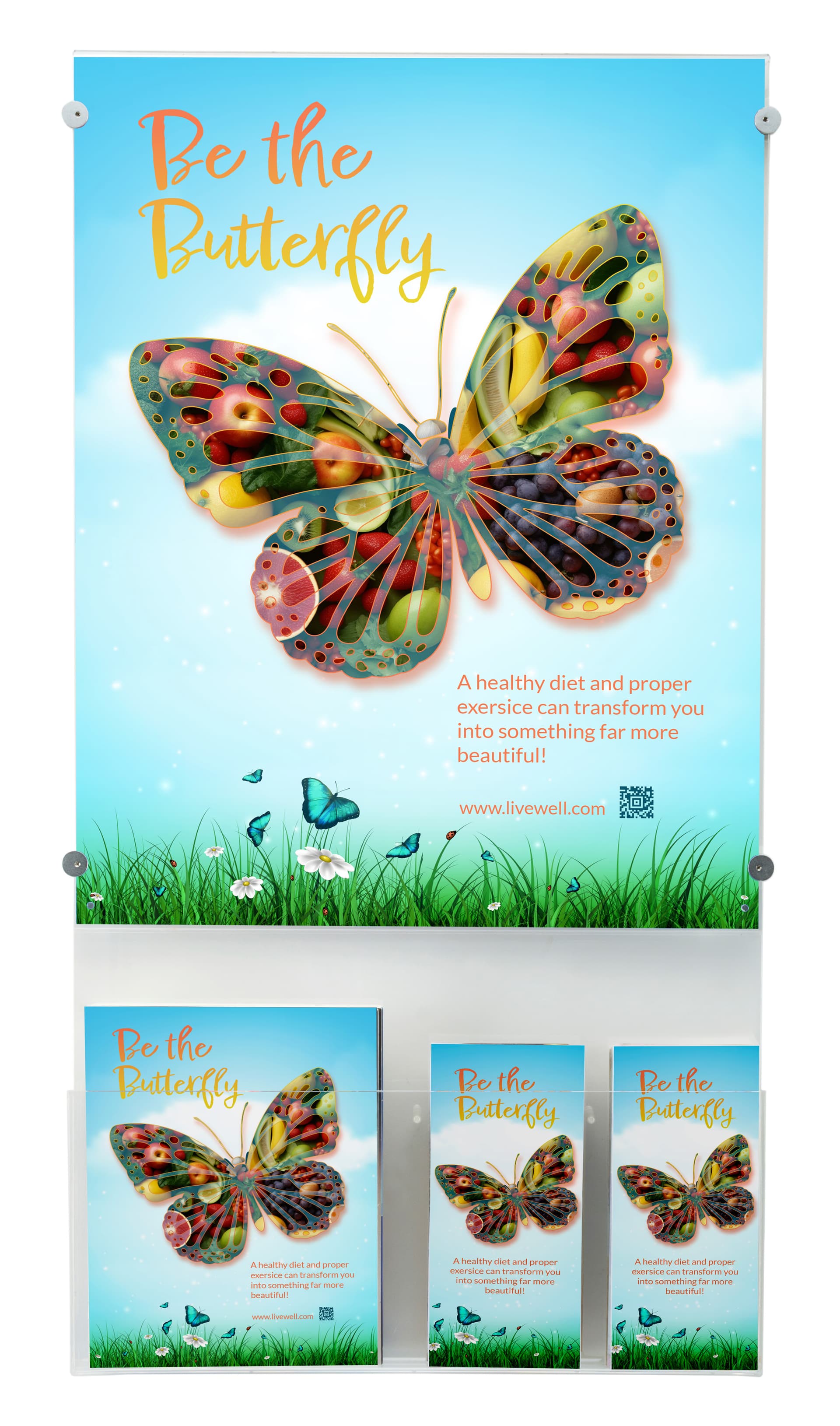 Recycled acrylic poster display with 4 silver edge grip standoffs