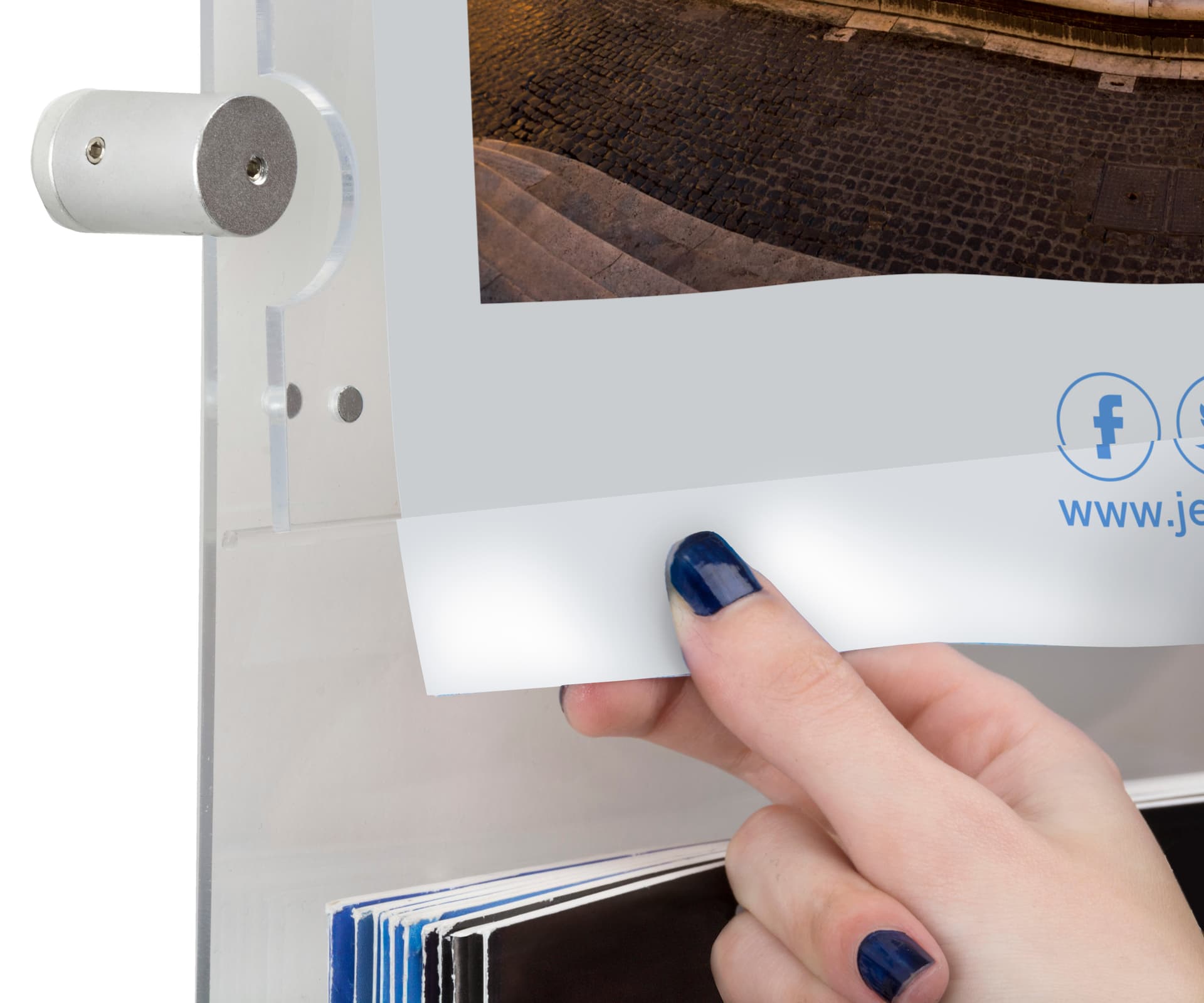 Recycled acrylic poster holder features magnetic buttons to keep media in place