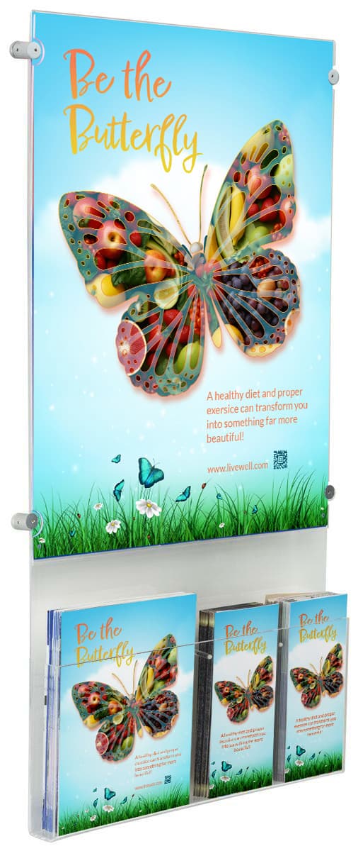 Recycled acrylic poster display with modular brochure pockets