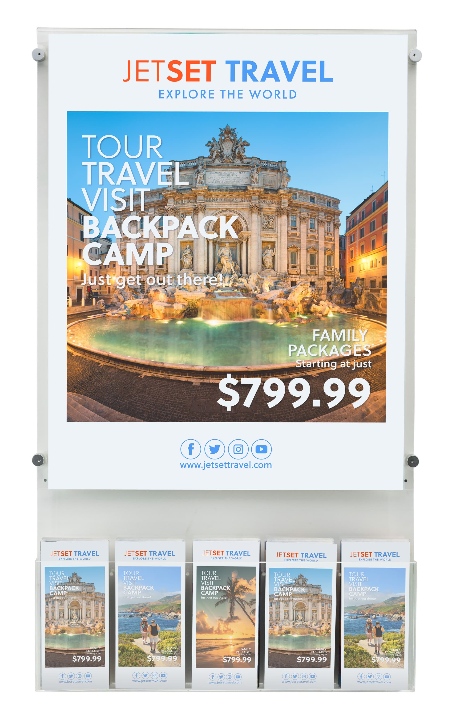 Recycled acrylic poster display can be configured with (5) 4" x 9" Pockets