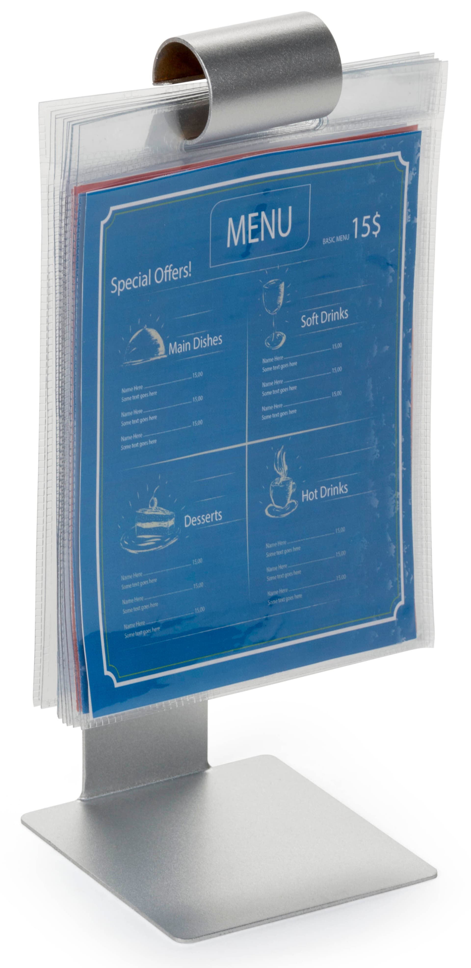 Stainless Steel Menu Roll with Vinyl Sleeves Shown