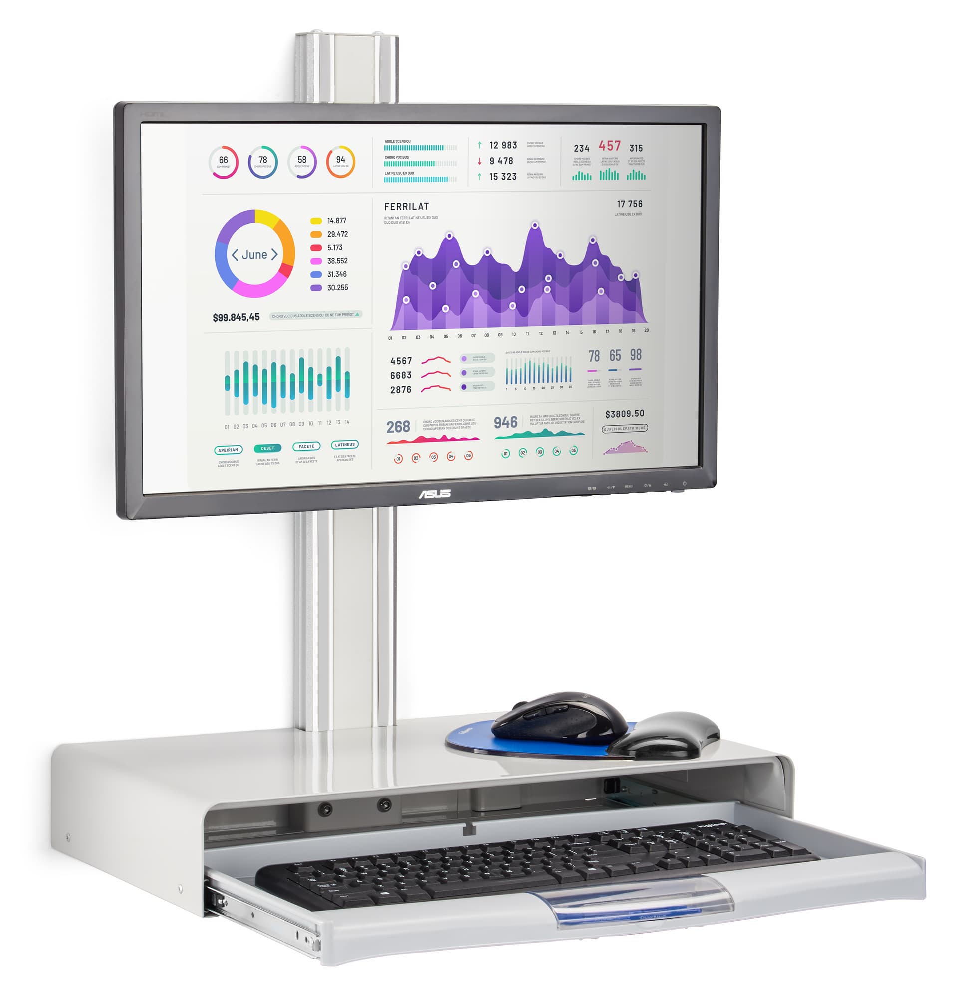 Monitor and keyboard wall mount has workspace for your laptop or tablet 